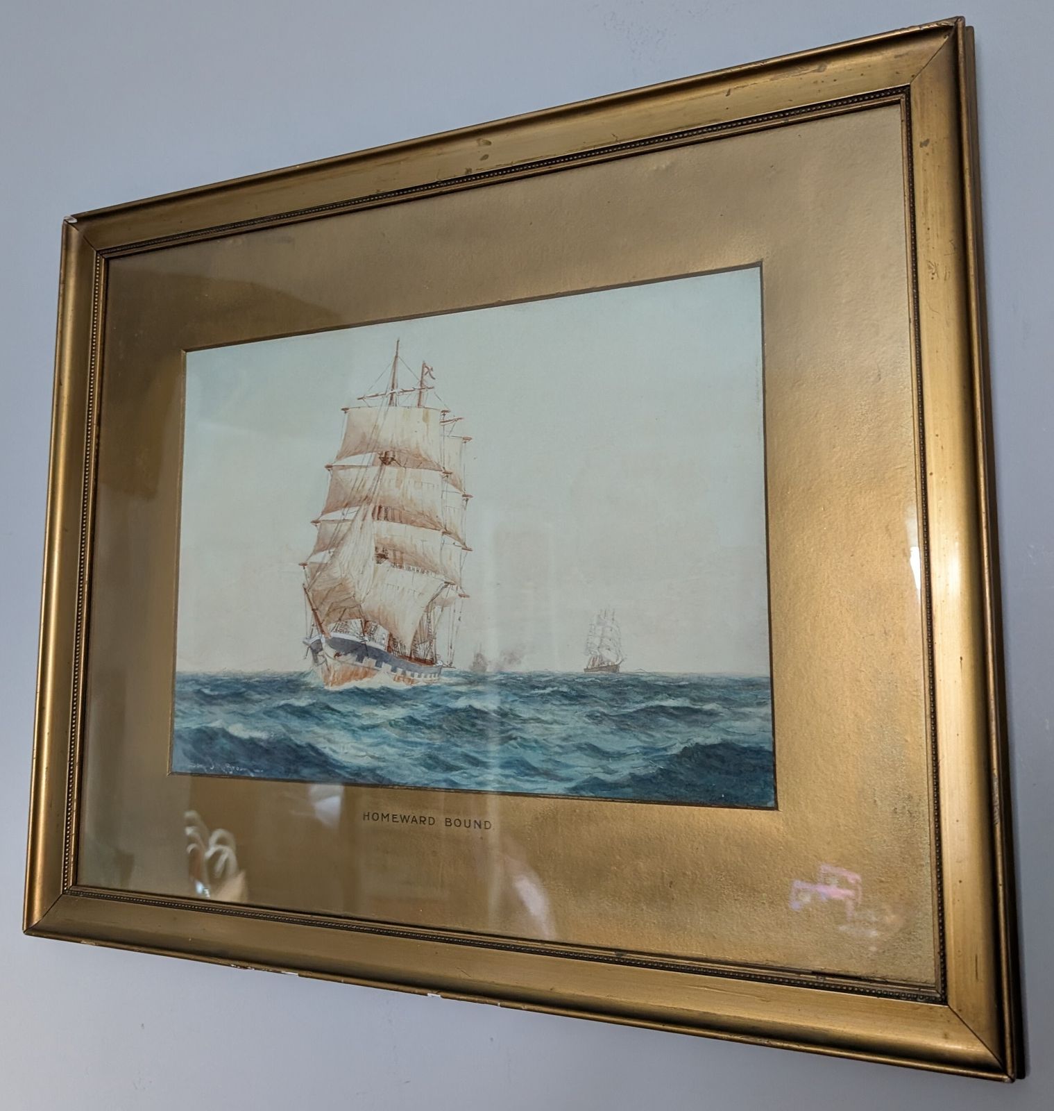 Antique Samuel John Milton Brown Framed Watercolour Painting Homeward Bound Ship