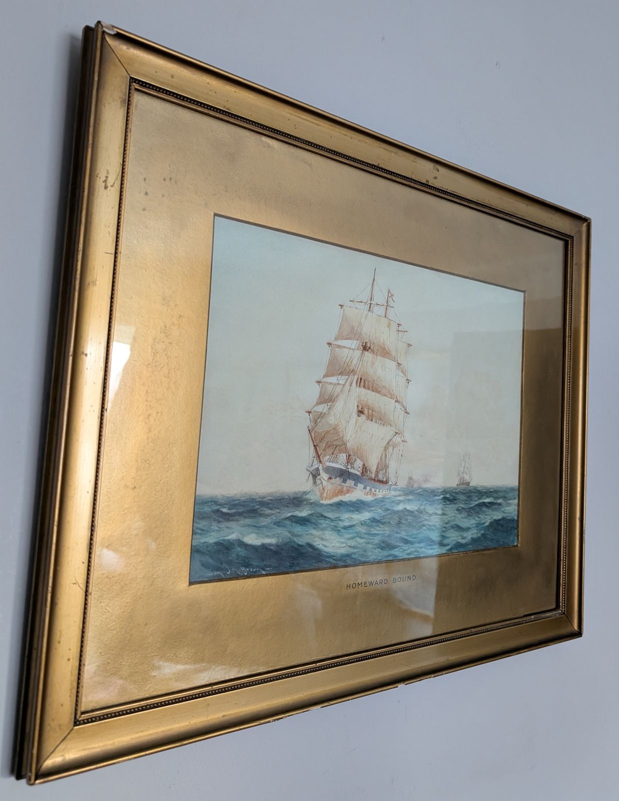 Antique Samuel John Milton Brown Framed Watercolour Painting Homeward Bound Ship photo furniture