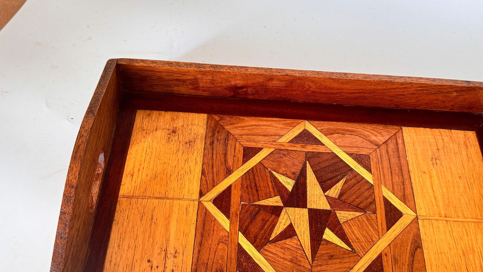 Art Deco Wooden Tray With Geometric Marquetry – France, 1940s photo vinterior
