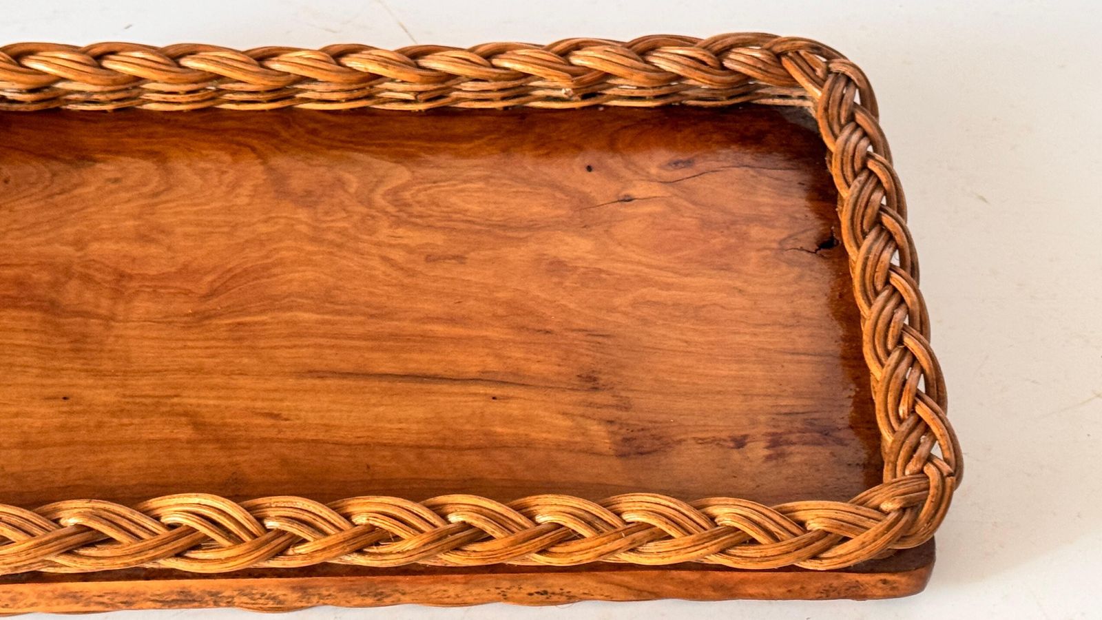 Olive Wood And Woven Reed Serving Tray – France, 1970s photo vinterior