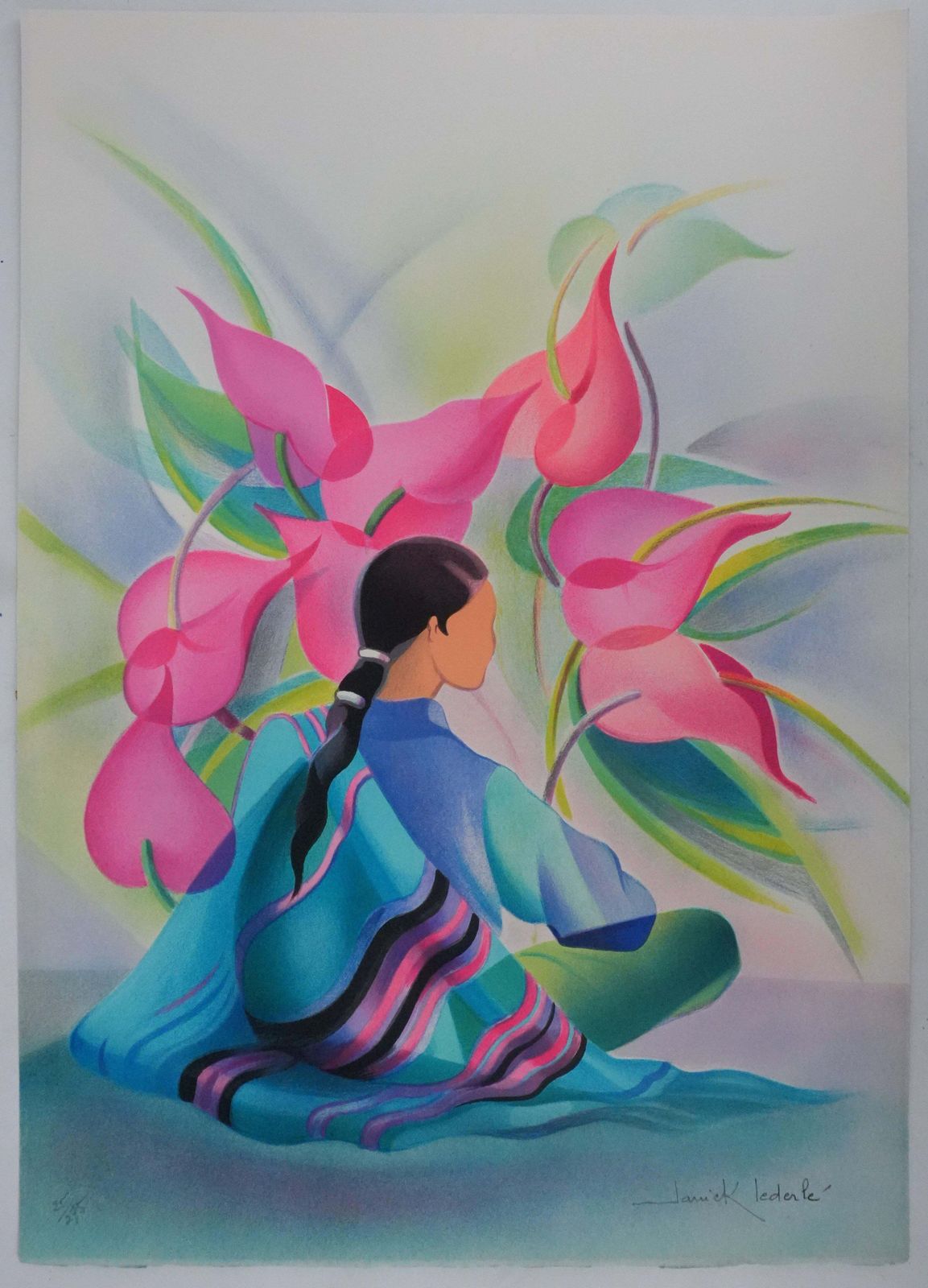 Janick Lederlewoman With Pink Flowers   Original Handsigned Lithograph