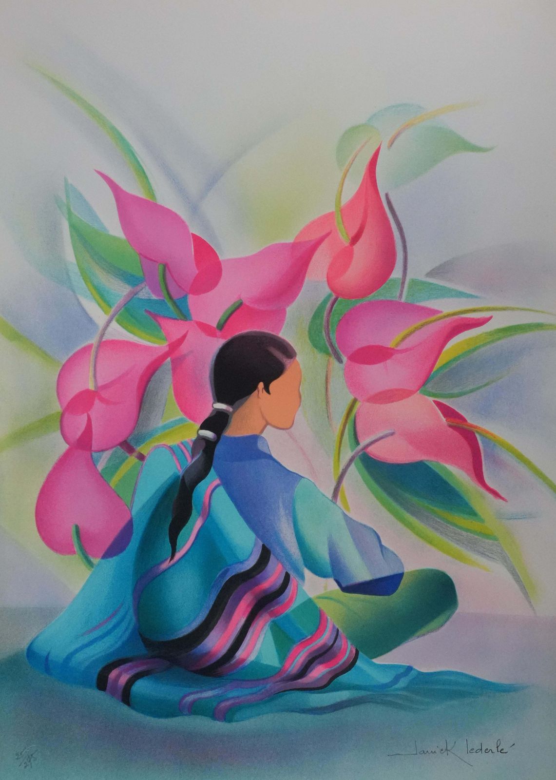 Janick Lederlewoman With Pink Flowers   Original Handsigned Lithograph photo for sale
