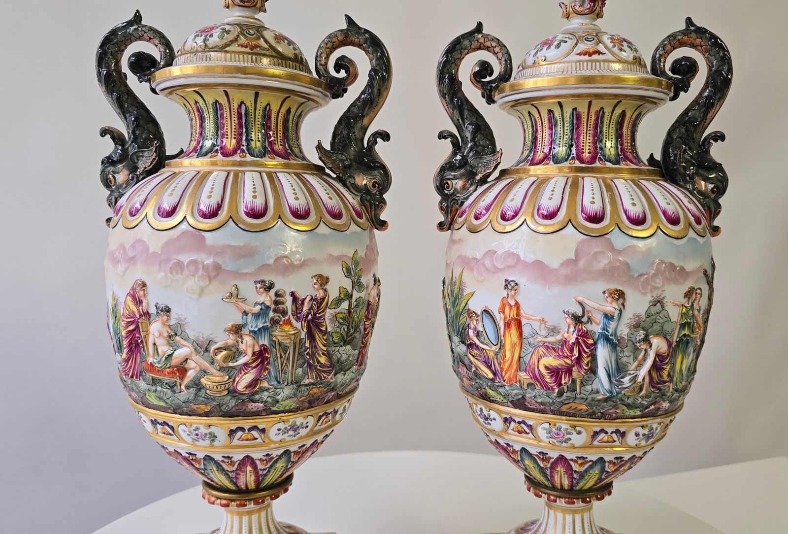 Pair Of 19th Century Capodimonte Porcelain Urns Vazes With Mythological Reliefs photo buy