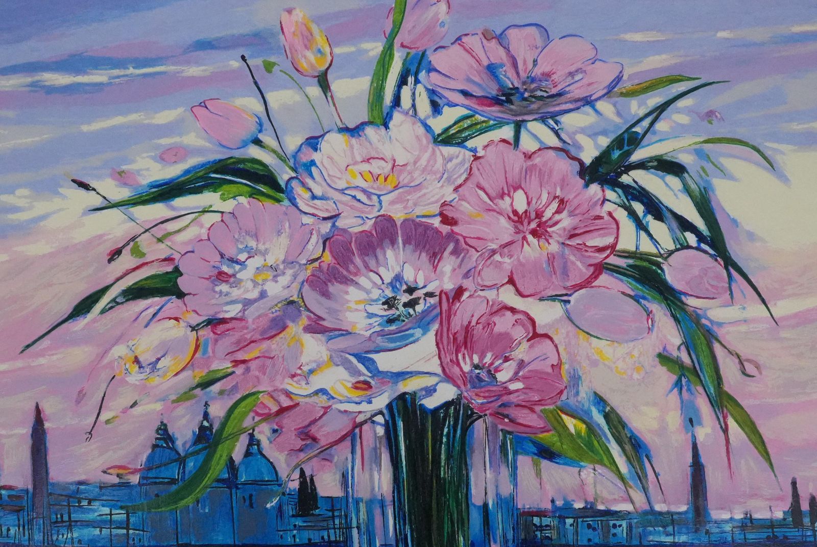 Michel Henrybouquet Of Flowers Under A Pink Sky   Original Screenprint photo Art