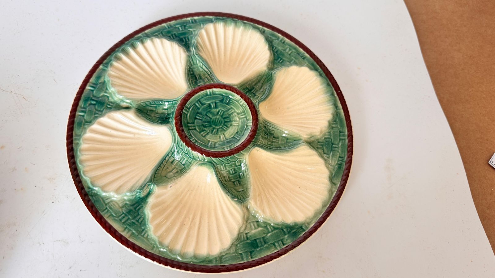 Set Of 4 Oyster Plates – Majolica, 19th Century – Green, White & Brown Glaze photo Home Decor