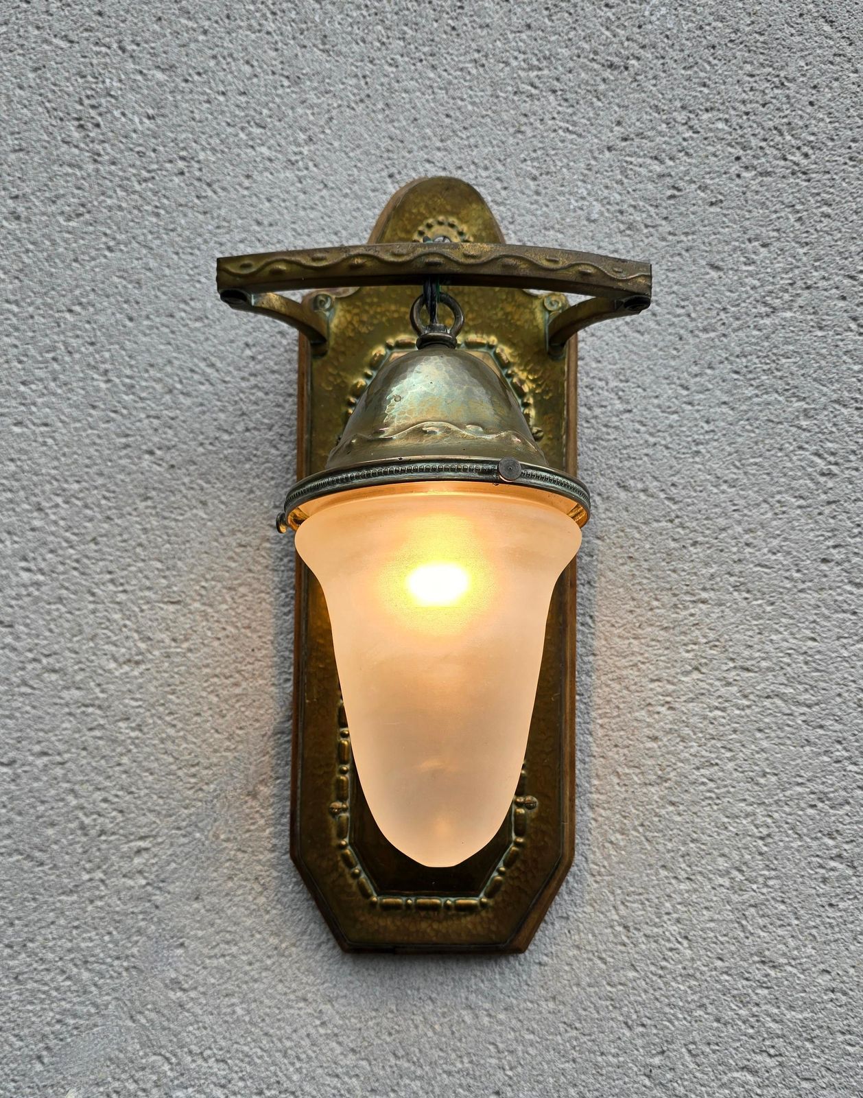Arts & Crafts Hammered Brass And Frosted Glass Wall Sconce, England/France photo buy