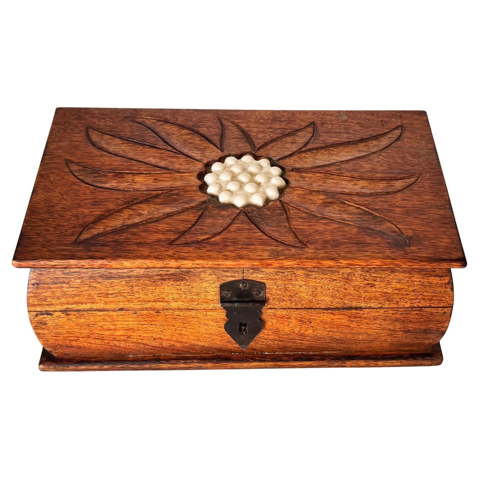 French Wooden Box With Ceramic Inlay – Geometric Floral Motif – Circa 1950
