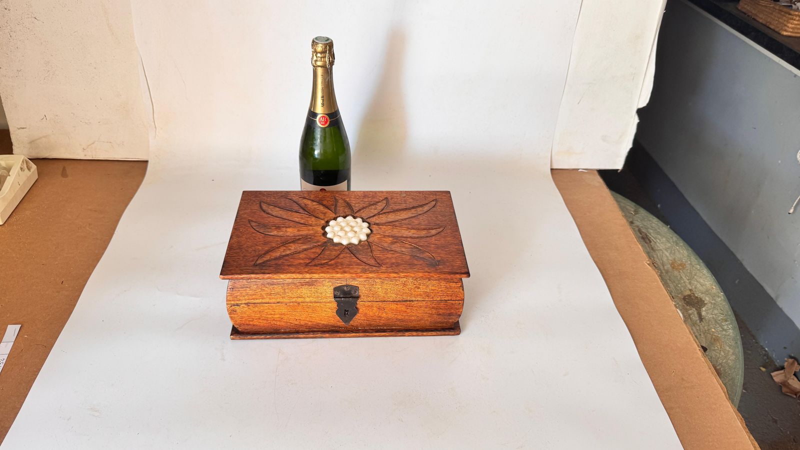 French Wooden Box With Ceramic Inlay – Geometric Floral Motif – Circa 1950 photo furniture