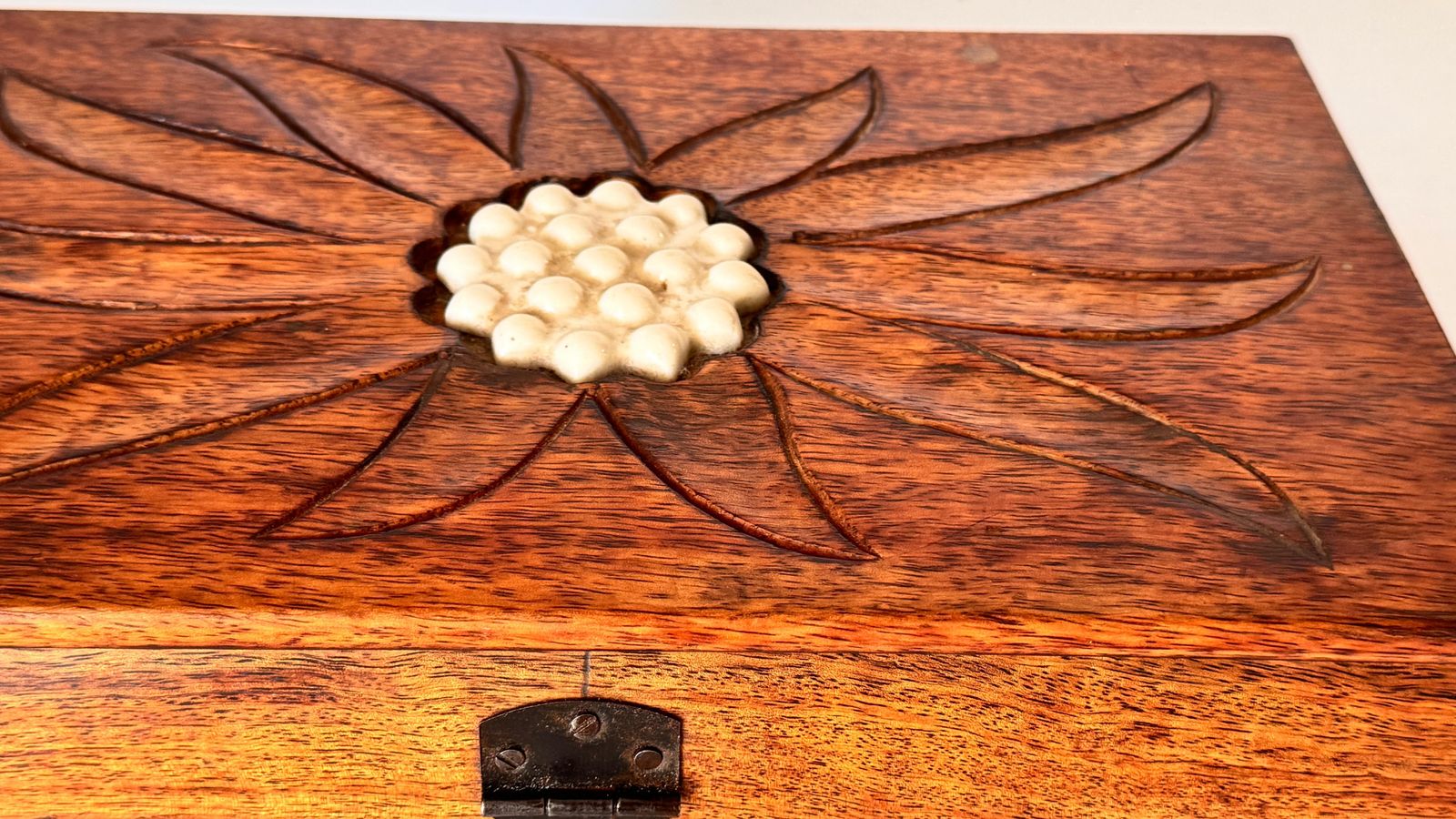 French Wooden Box With Ceramic Inlay – Geometric Floral Motif – Circa 1950 photo Home Decor