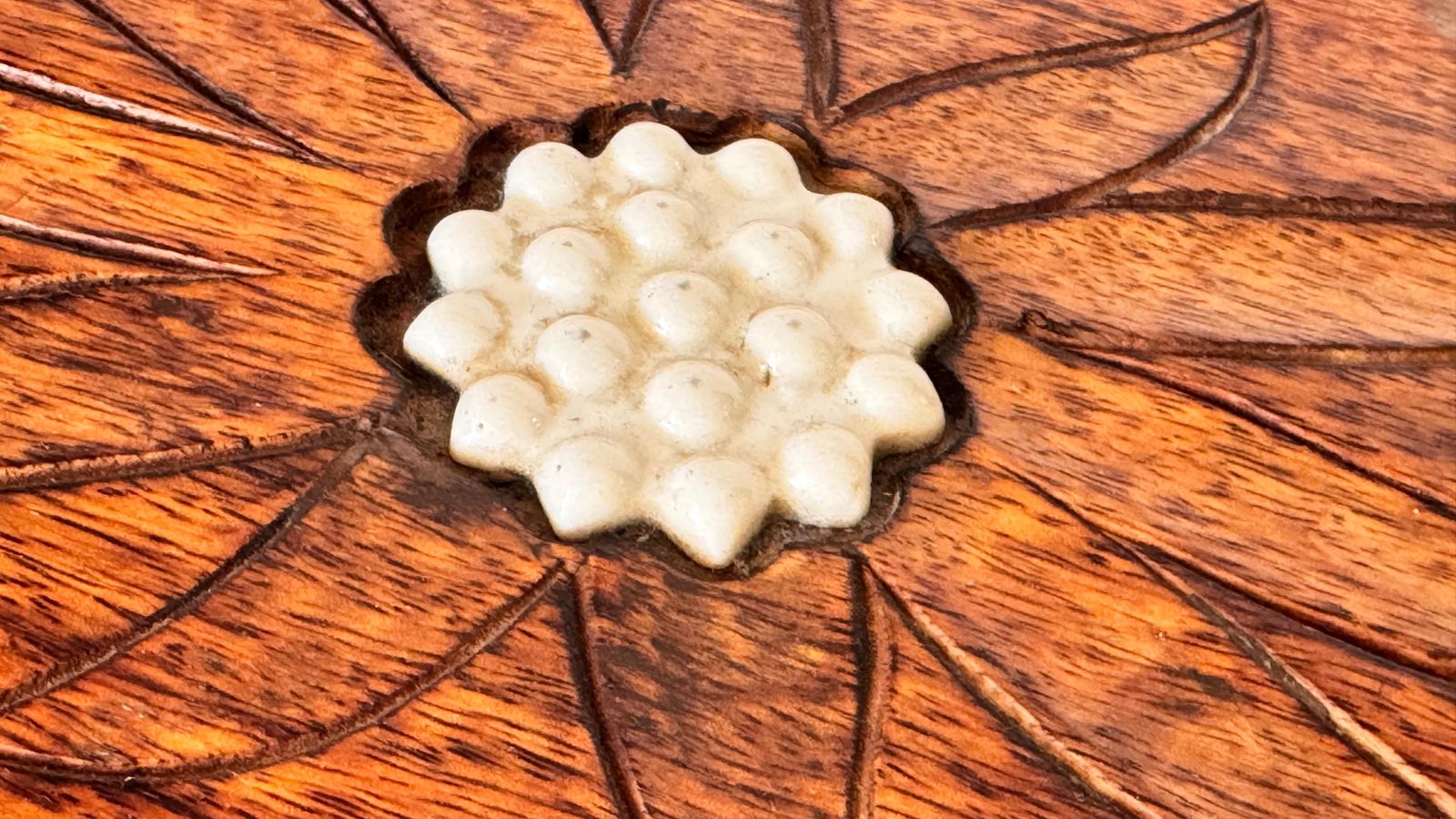 French Wooden Box With Ceramic Inlay – Geometric Floral Motif – Circa 1950 photo 371.0