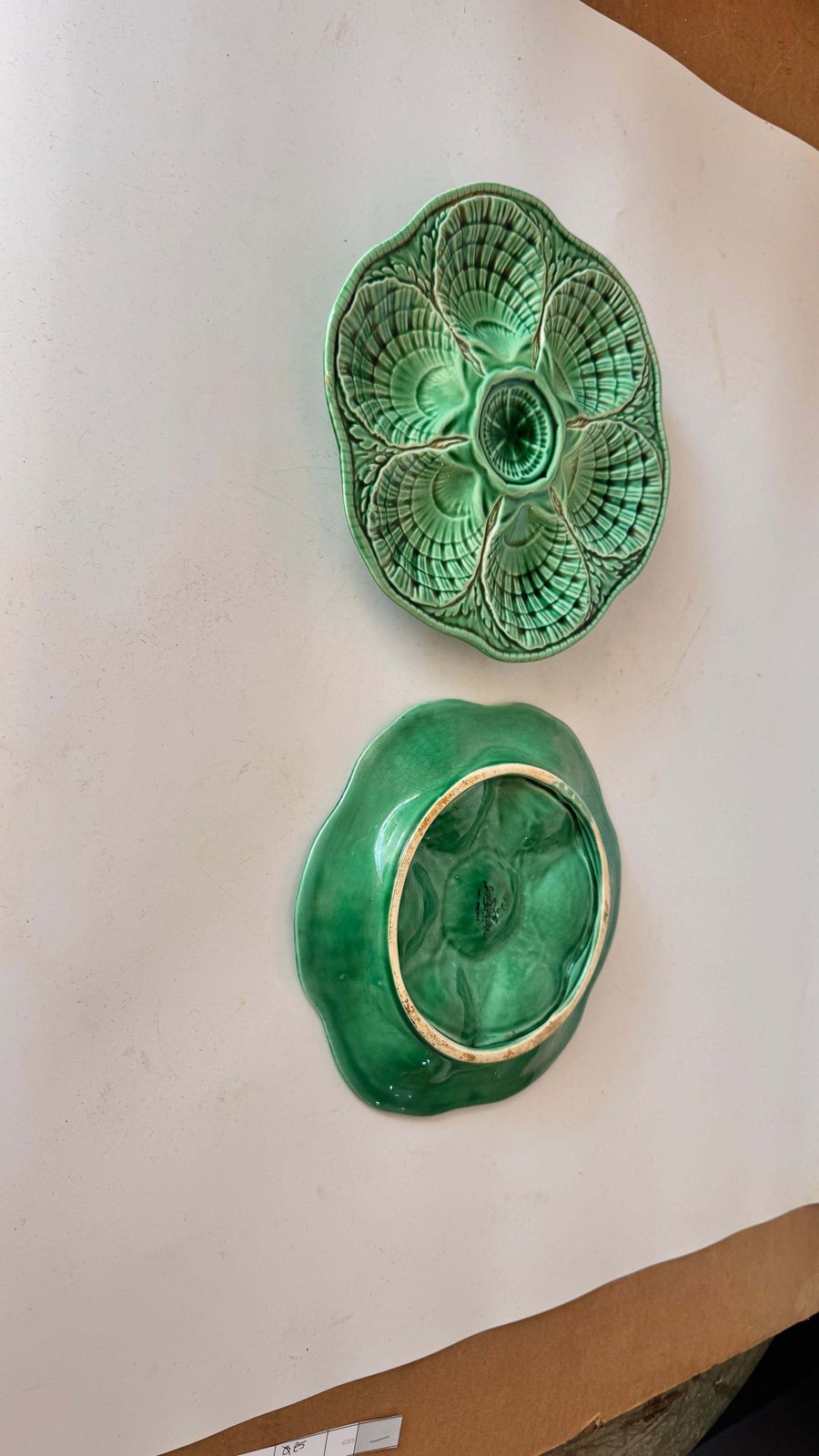 Set Of 2 French Green Majolica Plates – Sarreguemines Manufacture – 20th Century photo for sale