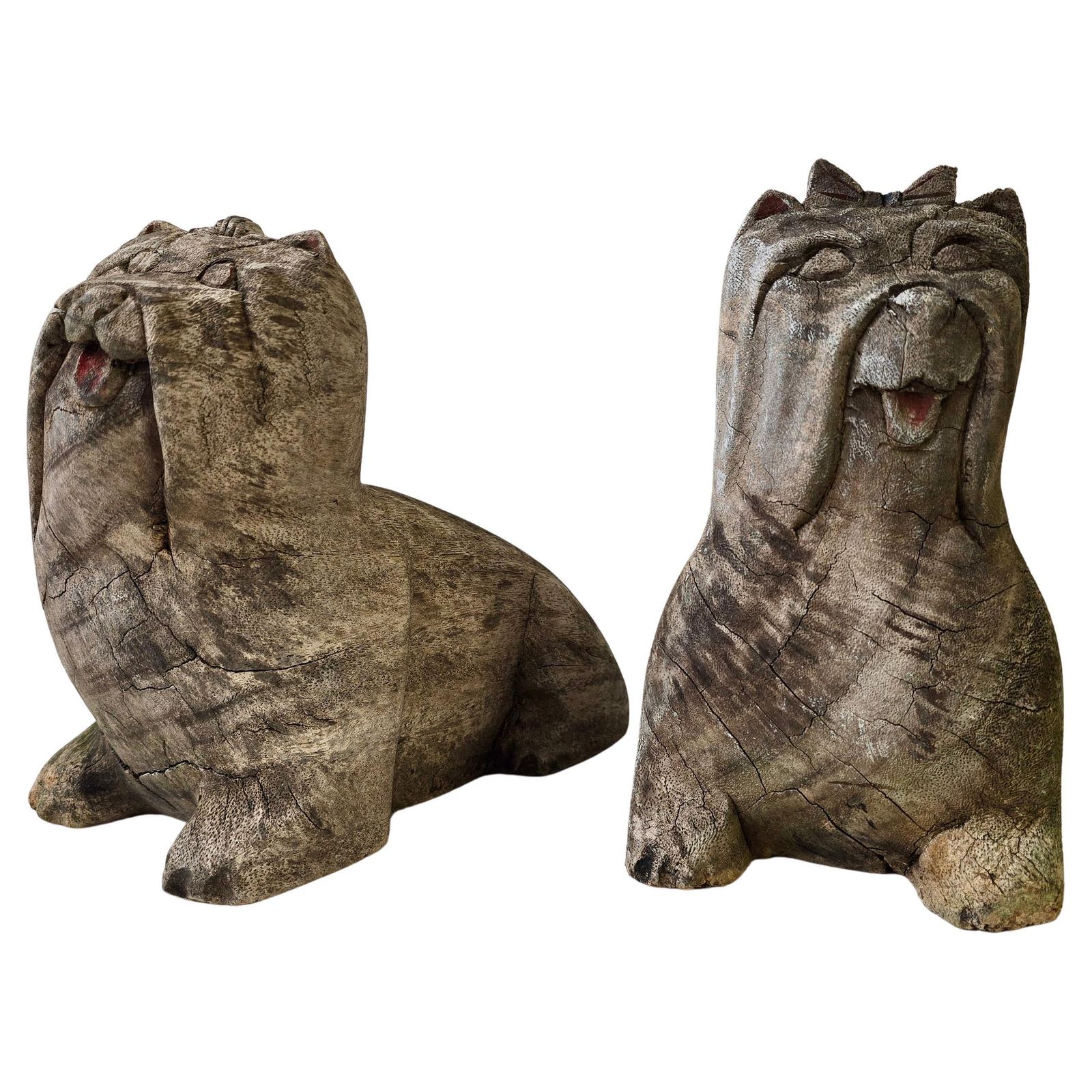 Pair Of Antique Folk Art Carved Wooden Maltese Dog Sculptures