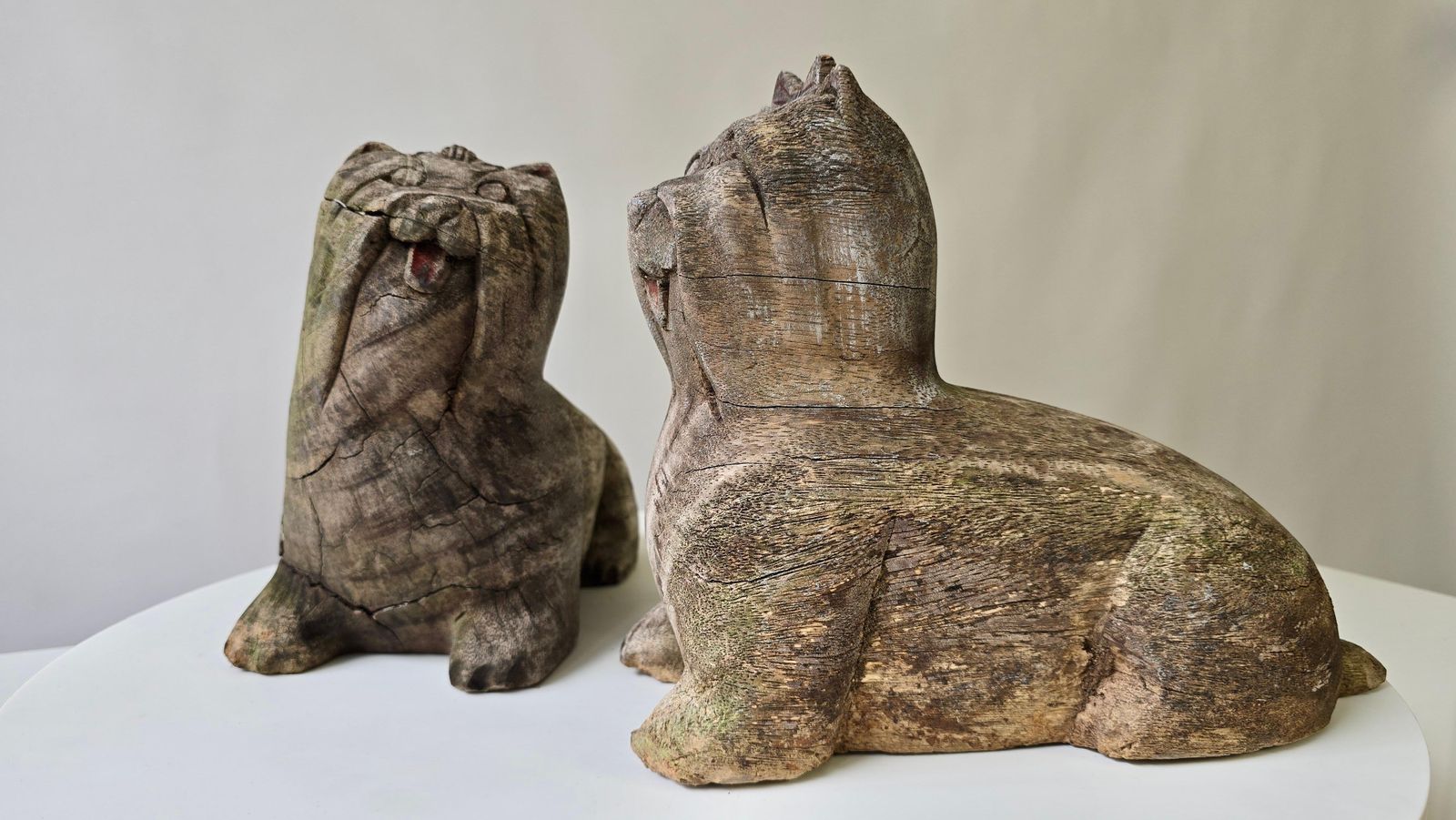 Pair Of Antique Folk Art Carved Wooden Maltese Dog Sculptures photo Art