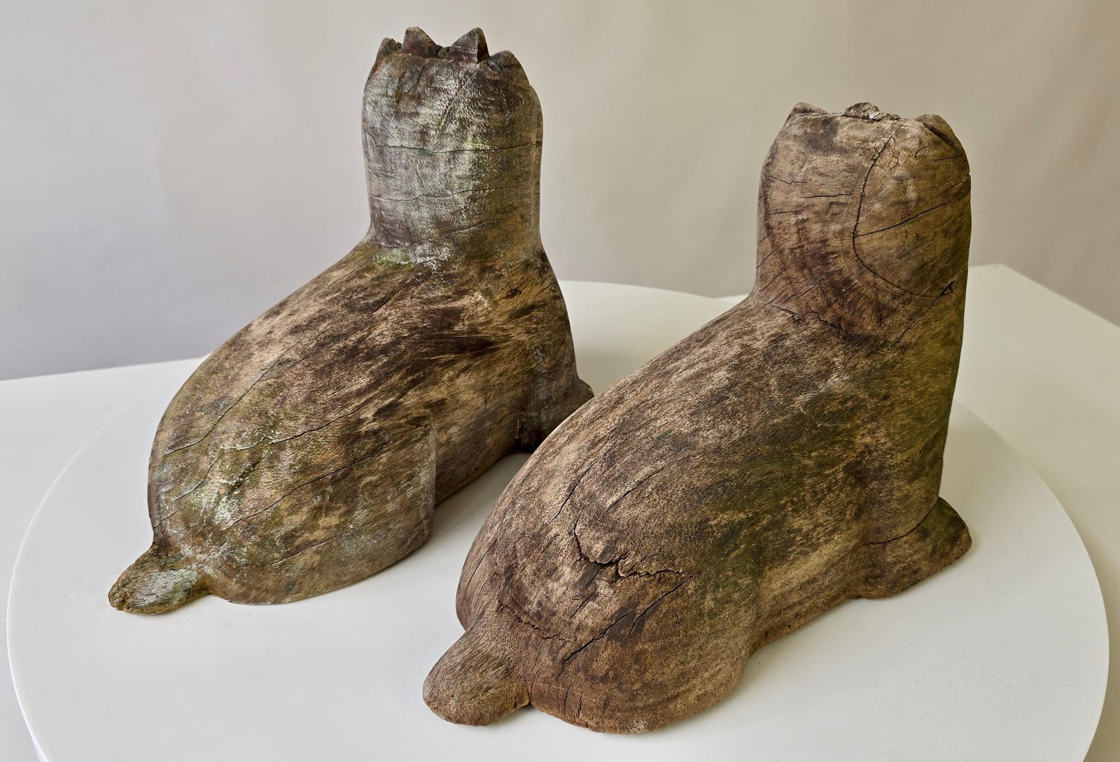 Pair Of Antique Folk Art Carved Wooden Maltese Dog Sculptures photo 1114.0