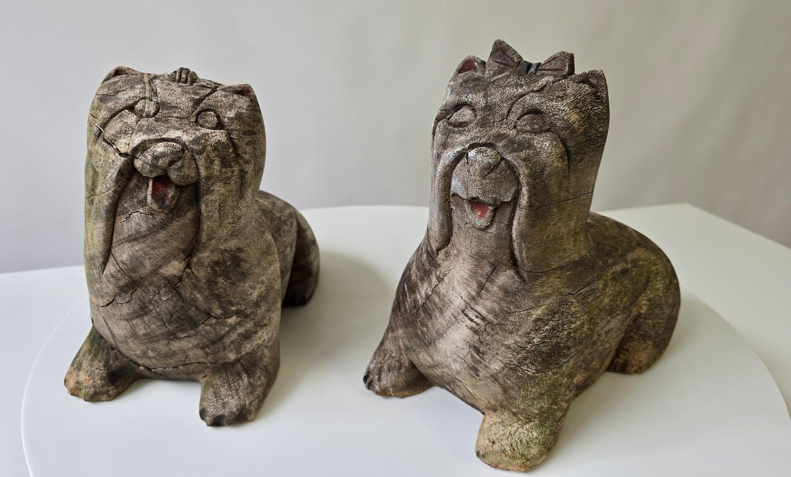Pair Of Antique Folk Art Carved Wooden Maltese Dog Sculptures photo vintage