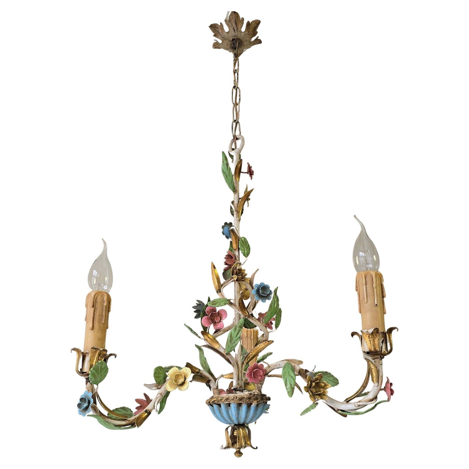 Italian Tole Chandelier With Polychrome Flowers, Mid Century / Hollywood Regency
