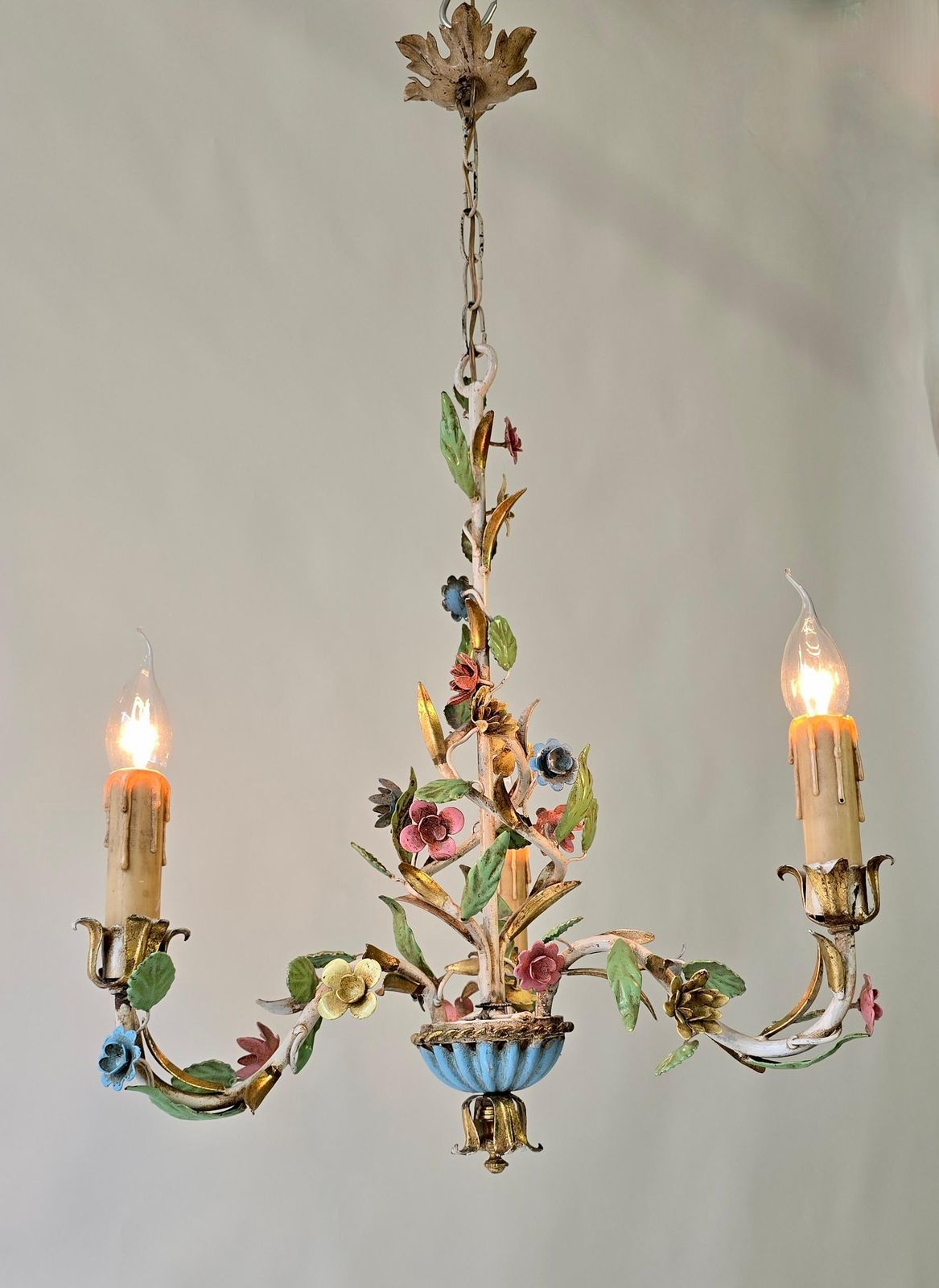 Italian Tole Chandelier With Polychrome Flowers, Mid Century / Hollywood Regency photo for sale