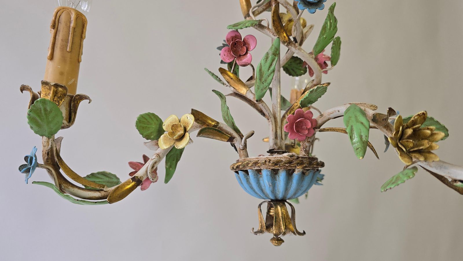Italian Tole Chandelier With Polychrome Flowers, Mid Century / Hollywood Regency photo Lighting