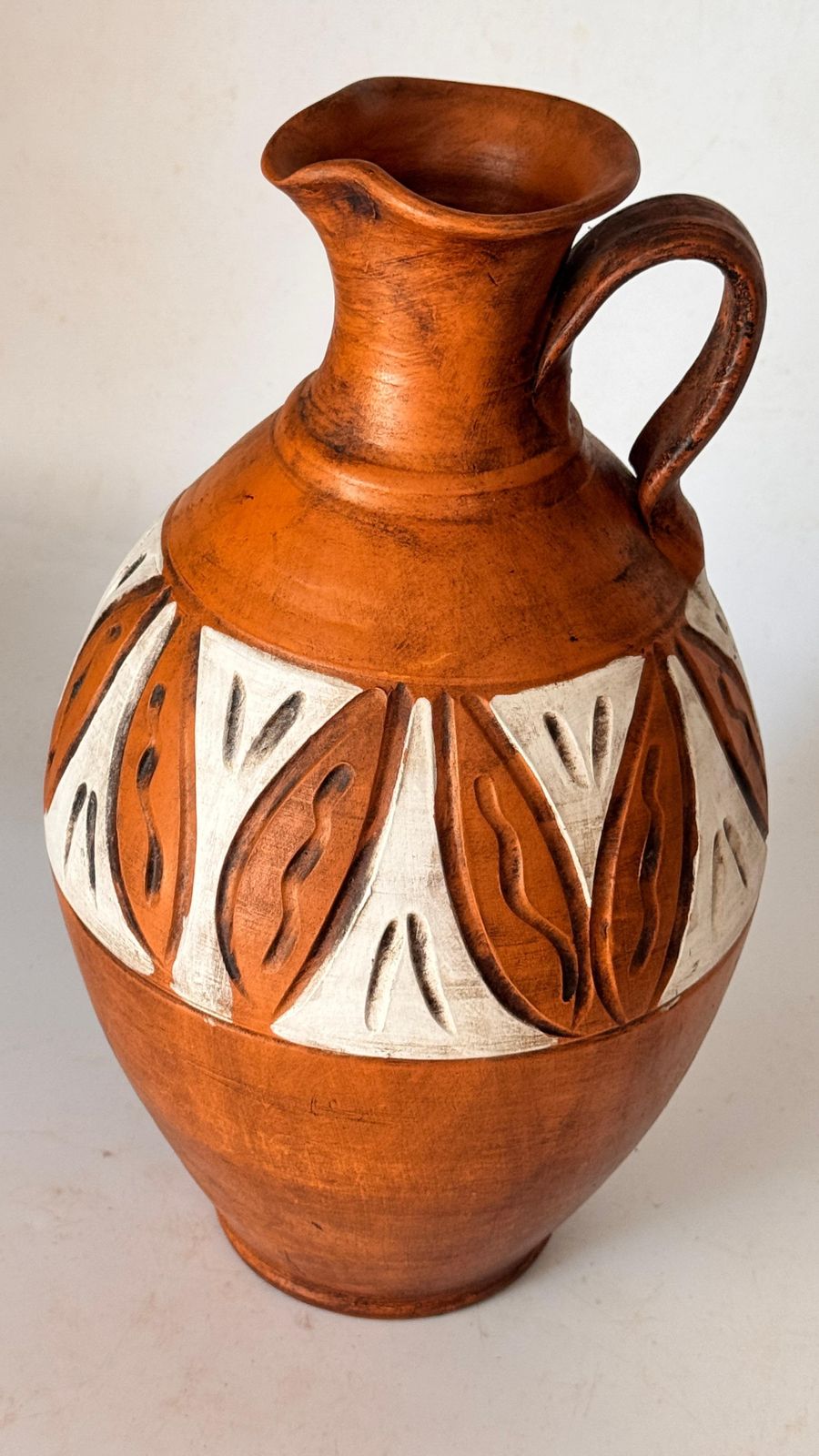 Hand Painted French Ceramic Jug – Tribal Geometric Motifs – 20th Century photo for sale