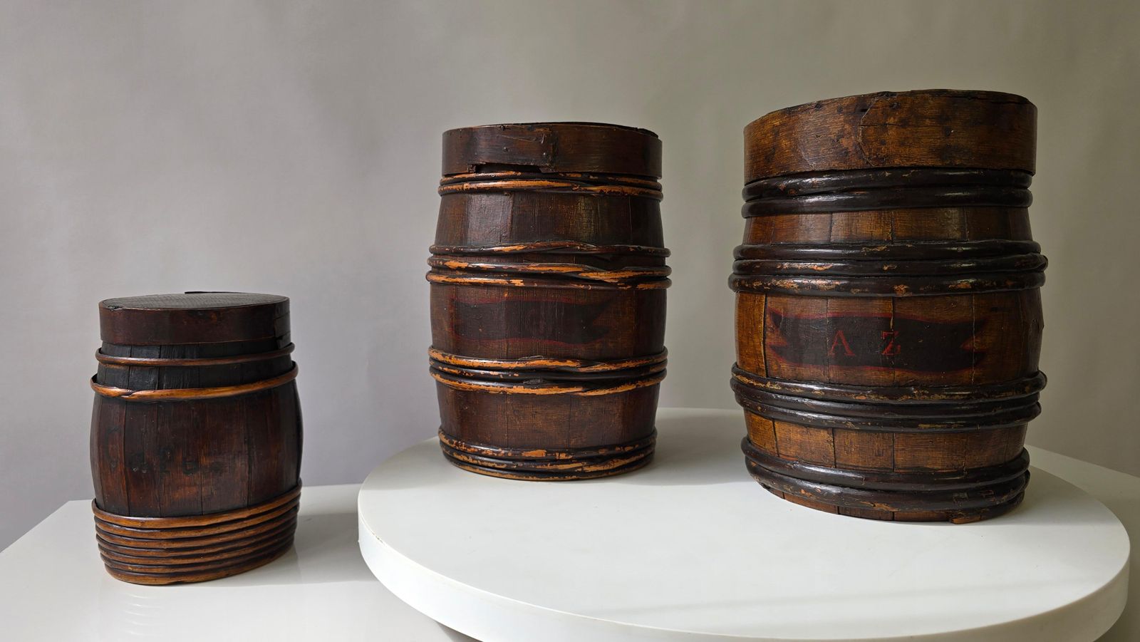 photo buy Set Of Three Antique Dutch/Flemish Herring Barrels With Original Inscriptions