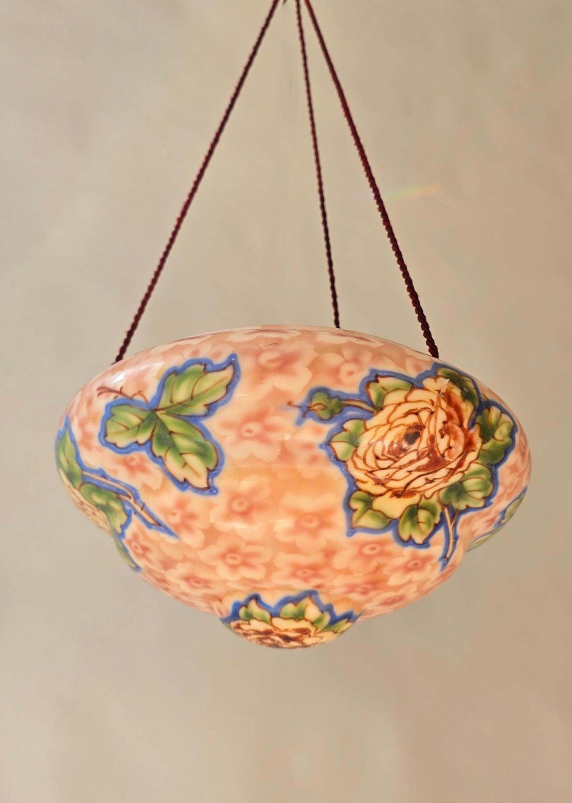 Art Deco Floral Glass Pendant Light, Hand Painted Thin Pressed Glass Shade, 1920 photo Lighting
