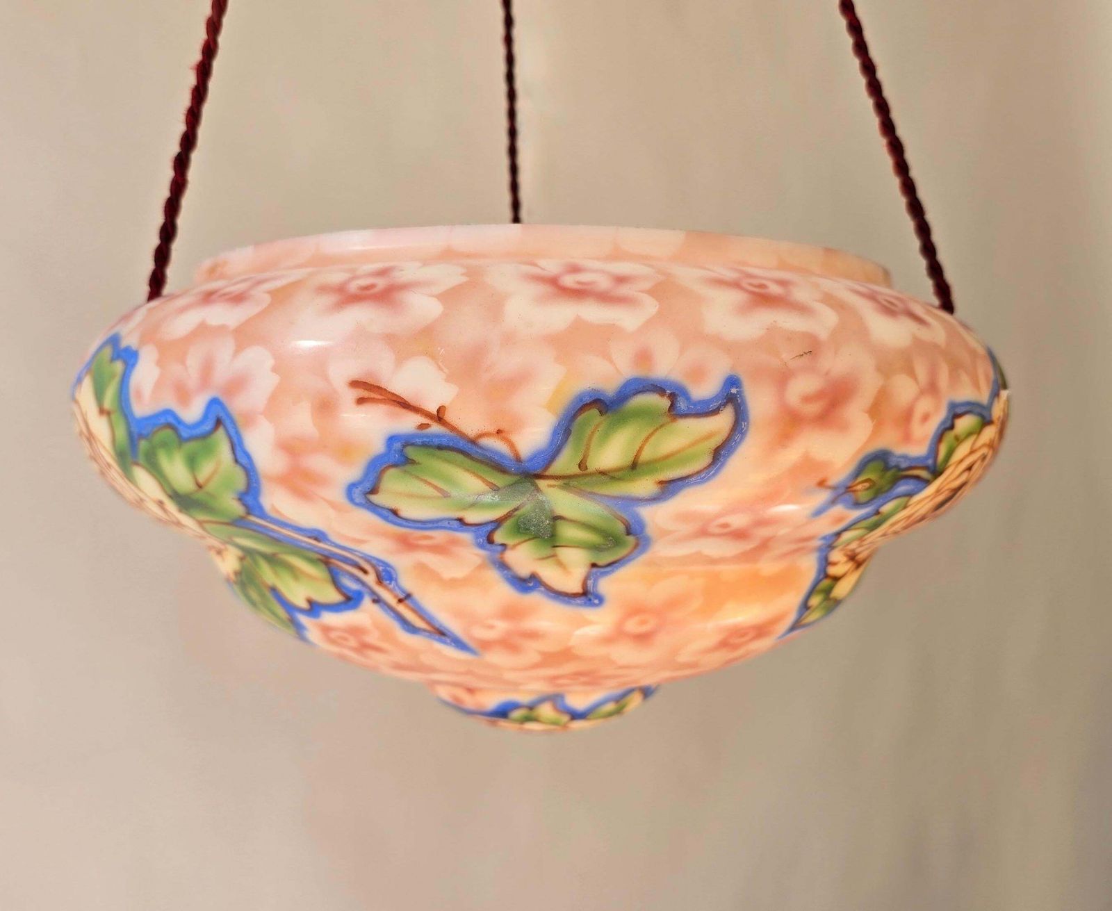 Art Deco Floral Glass Pendant Light, Hand Painted Thin Pressed Glass Shade, 1920 photo 1467.0