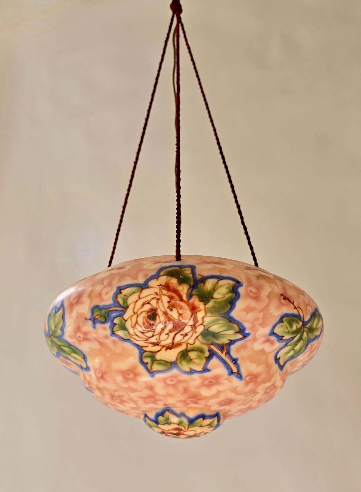 photo furniture Art Deco Floral Glass Pendant Light, Hand Painted Thin Pressed Glass Shade, 1920