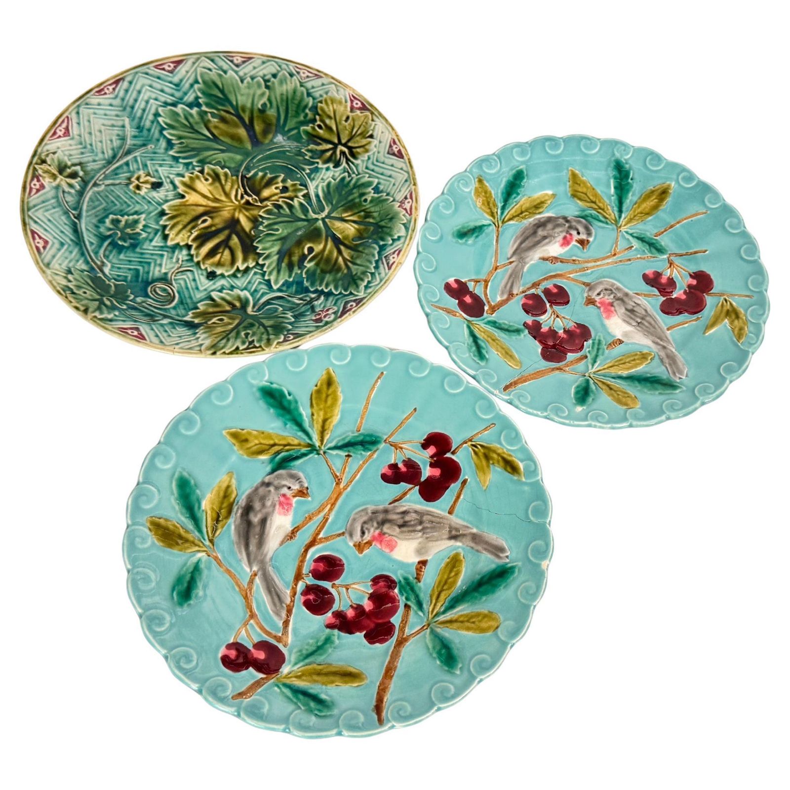 Set Of Three 19th Century French Majolica Plates – Birds, Vegetation & Fruits