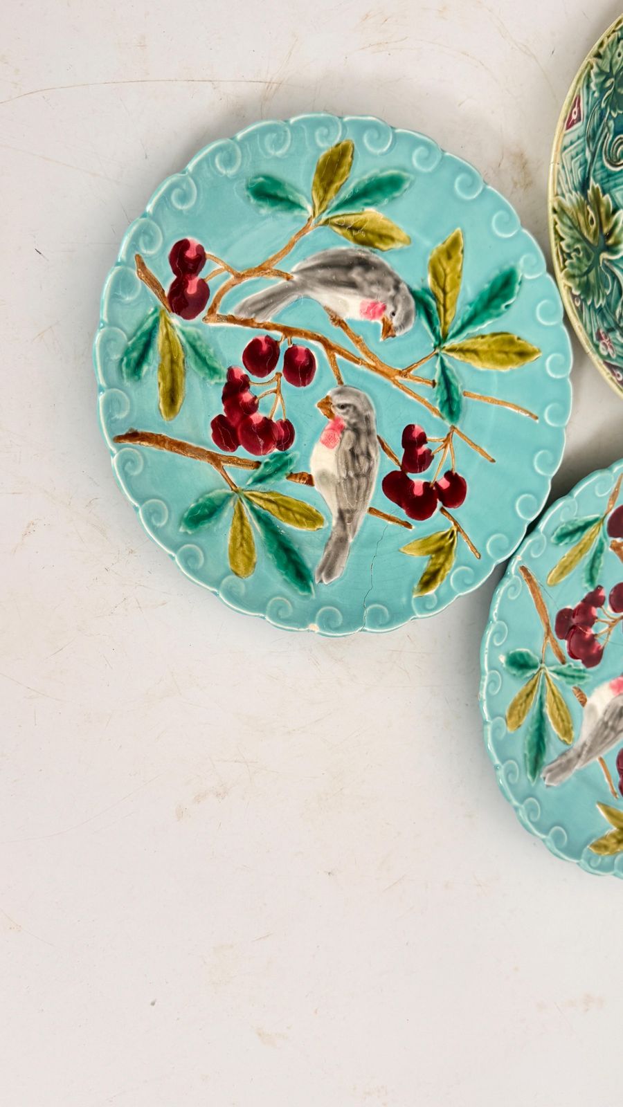 Set Of Three 19th Century French Majolica Plates – Birds, Vegetation & Fruits photo 478.0