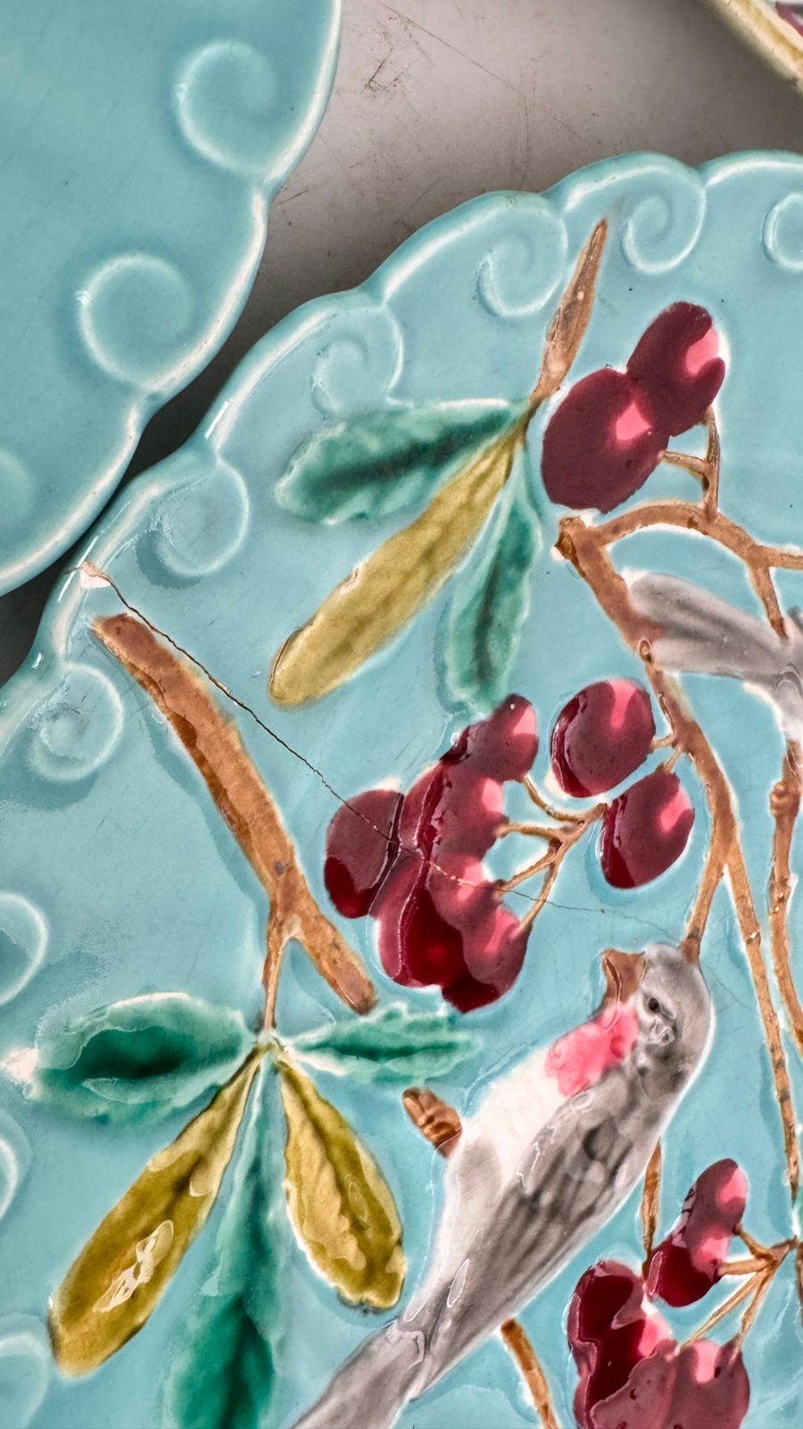Set Of Three 19th Century French Majolica Plates – Birds, Vegetation & Fruits photo vintage