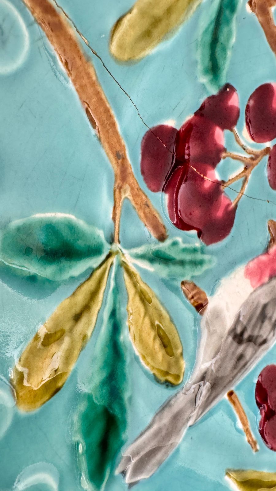 photo for sale Set Of Three 19th Century French Majolica Plates – Birds, Vegetation & Fruits