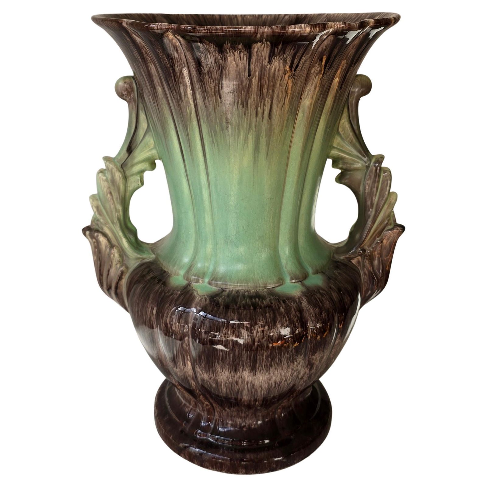Large German Ceramic Fat Lava Vase, Drip Glaze Brown & Green, 1950s