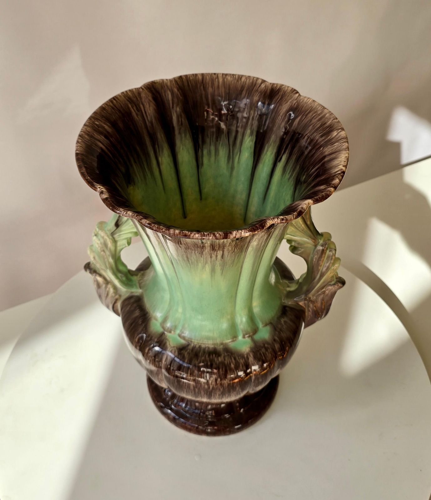 Large German Ceramic Fat Lava Vase, Drip Glaze Brown & Green, 1950s photo vintage