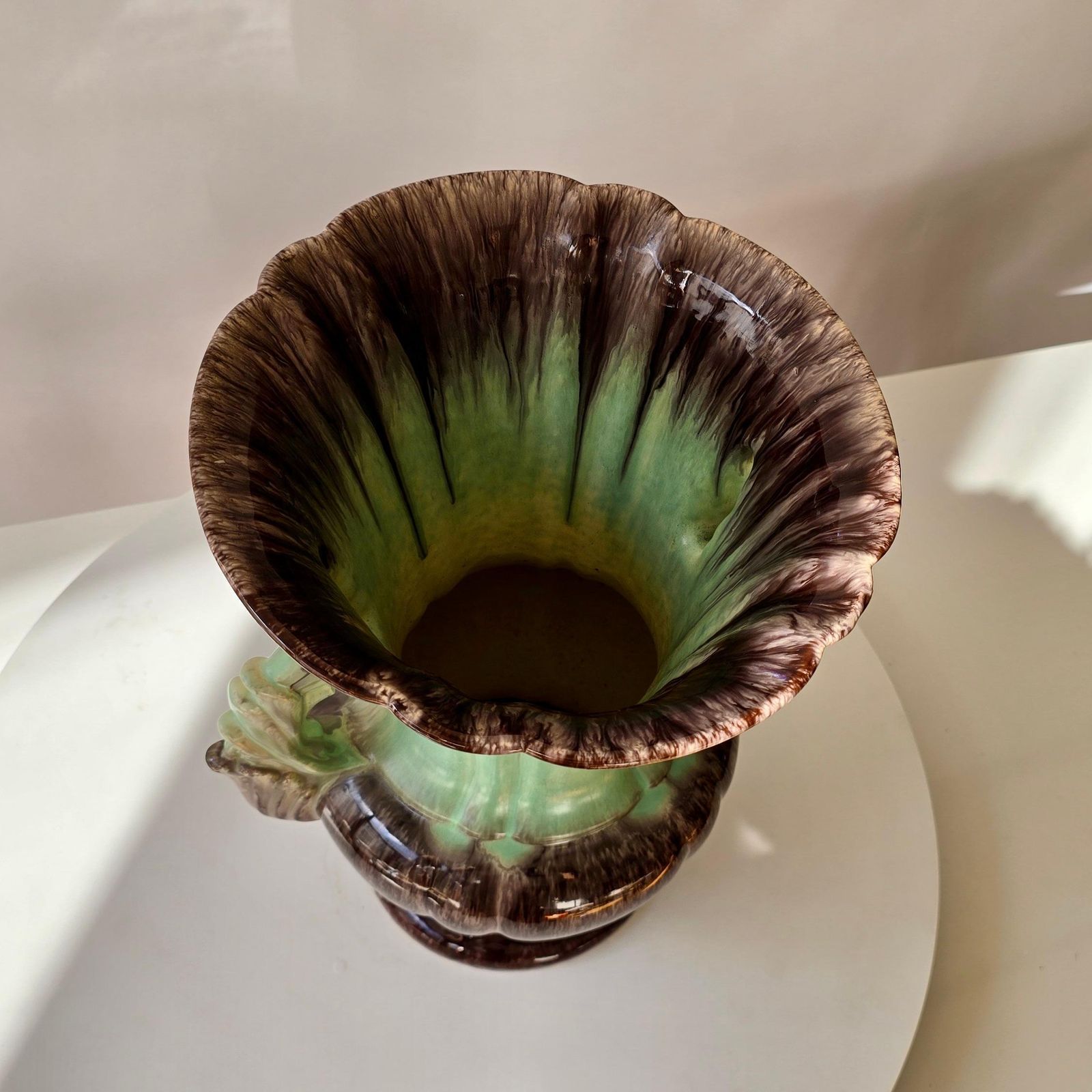 photo furniture Large German Ceramic Fat Lava Vase, Drip Glaze Brown & Green, 1950s