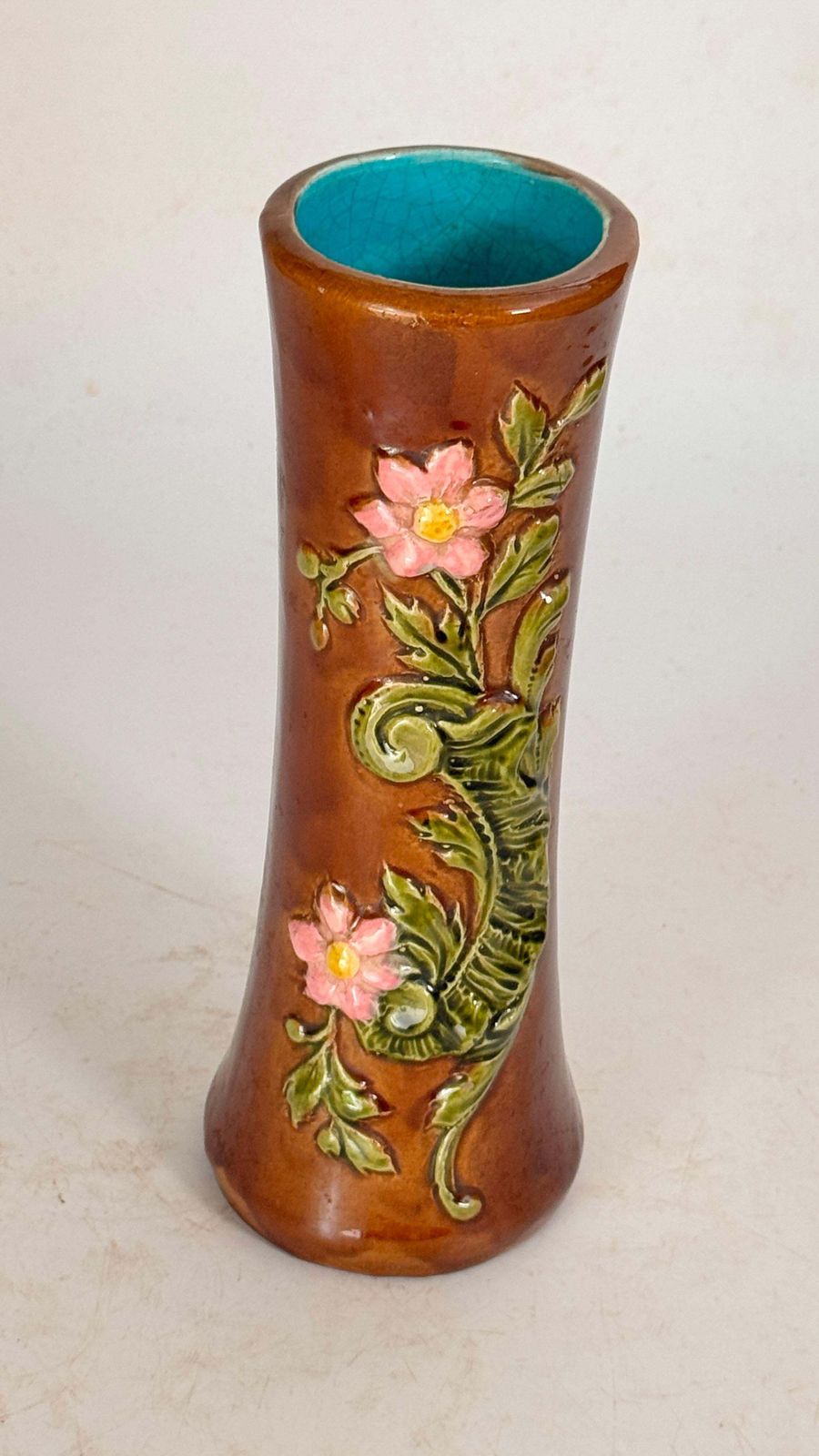 19th Century Majolica Vase With Floral And Foliage Motifs photo for sale