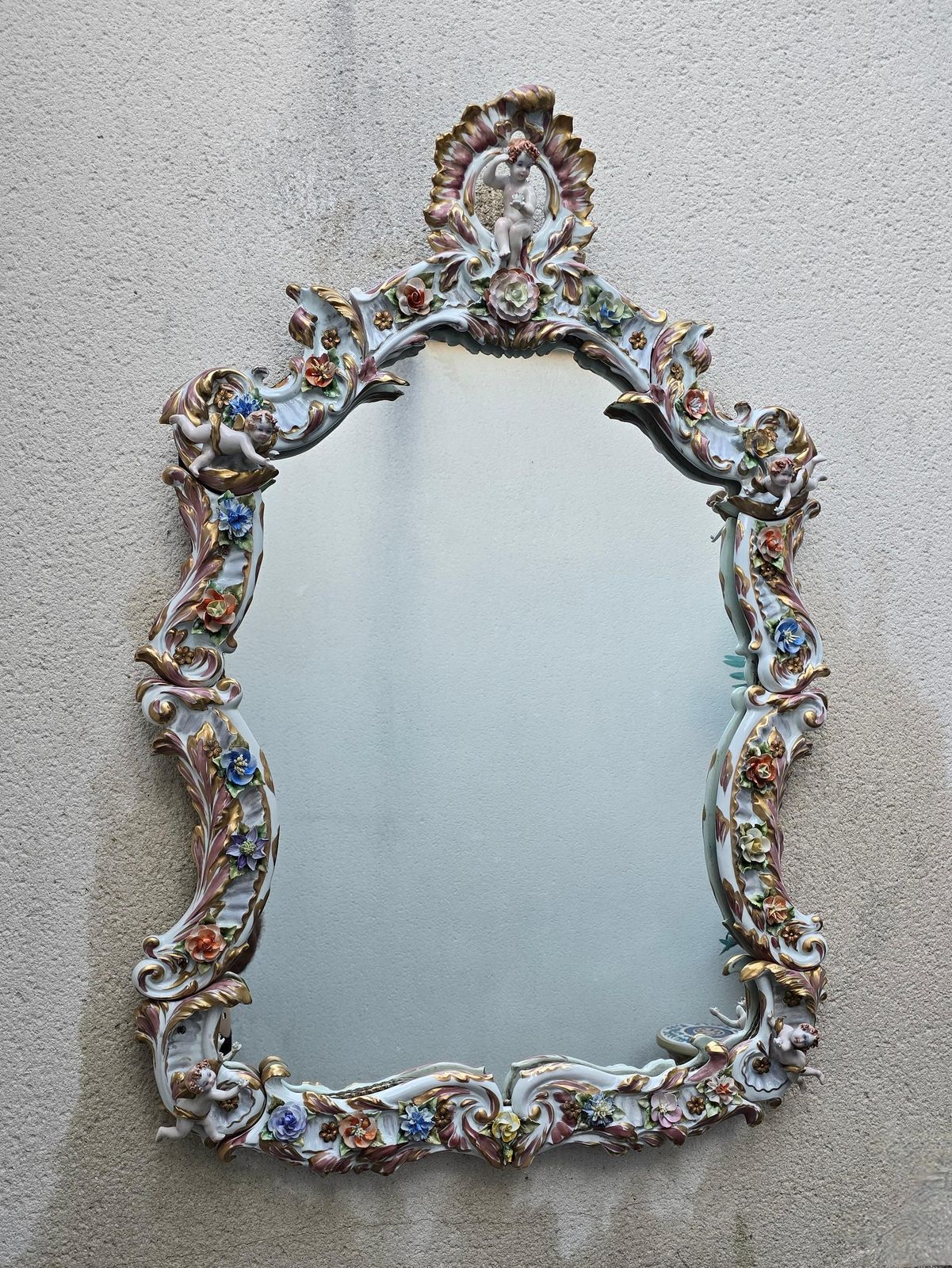 Large Italian Capodimonte Porcelain Hollywood Regency Mirror With Cherubs photo for sale