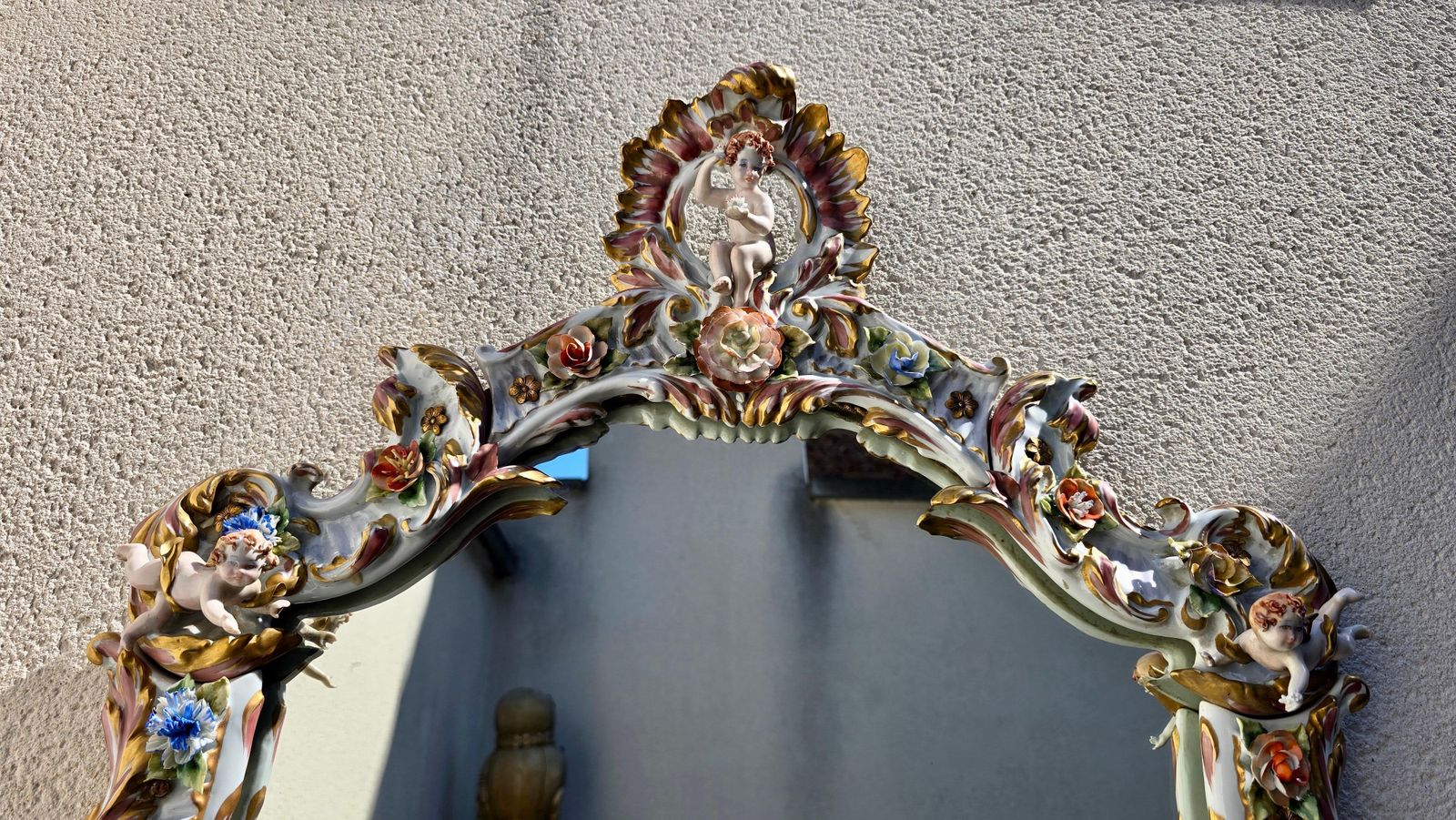 Large Italian Capodimonte Porcelain Hollywood Regency Mirror With Cherubs photo vintage