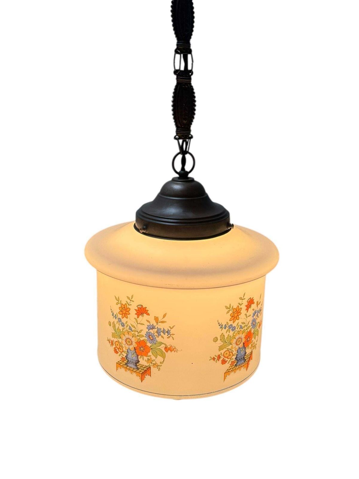 photo vinterior Art Nouveau Pendant Light With Original Hand Painted Glass Shade, 1900s