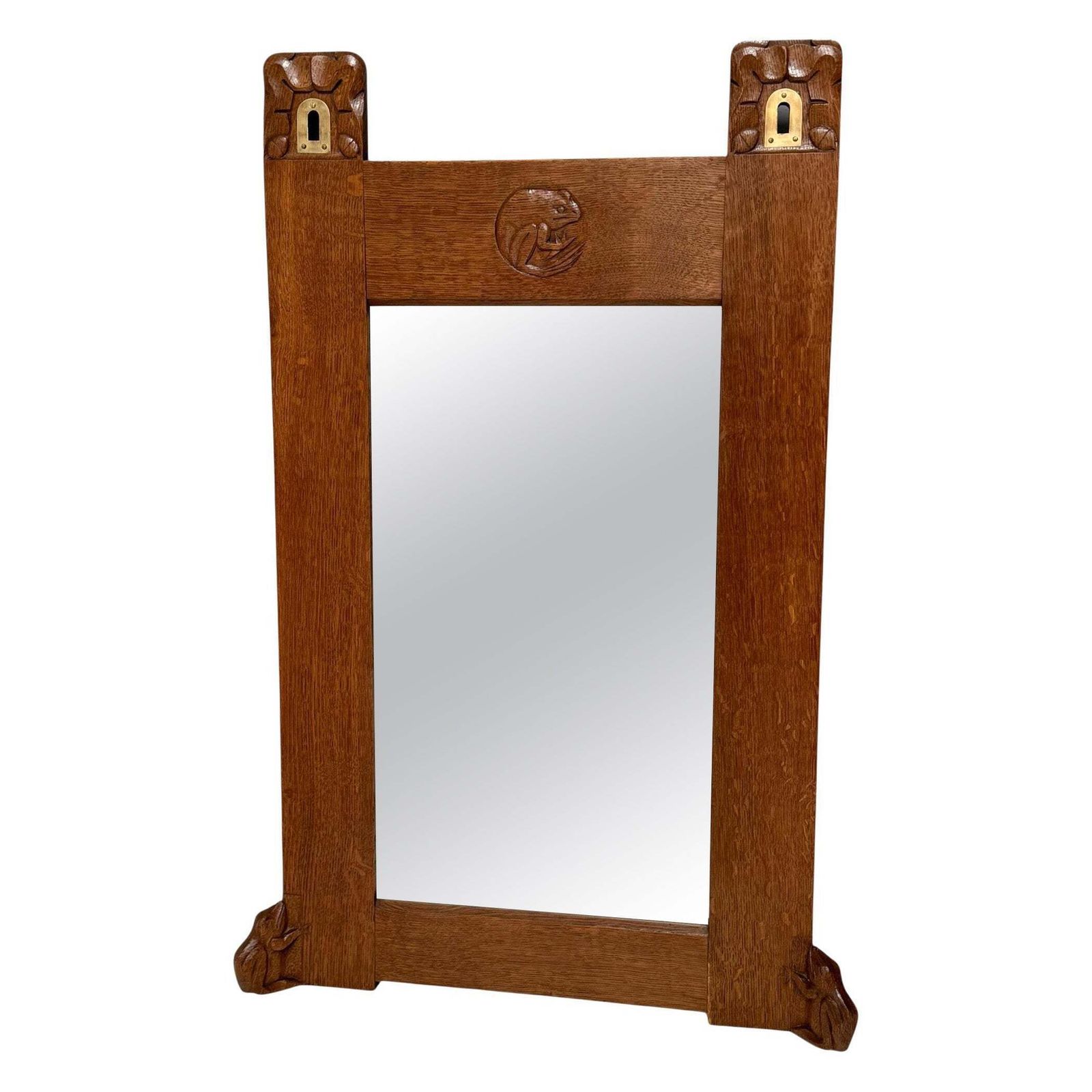 Arts & Crafts Wall Mirror With Hand Carved Frogs By Kobus De Graaff, 1900s