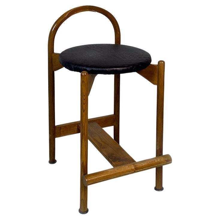 Italian Mid Century Modern Wooden Structure & Faux Leather Seat High Stool 1970s