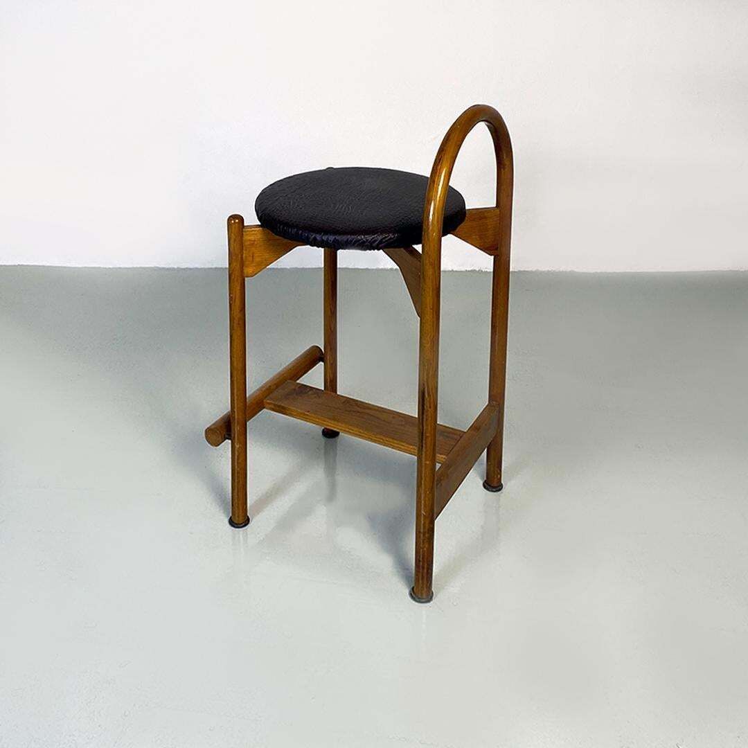 photo for sale Italian Mid Century Modern Wooden Structure & Faux Leather Seat High Stool 1970s