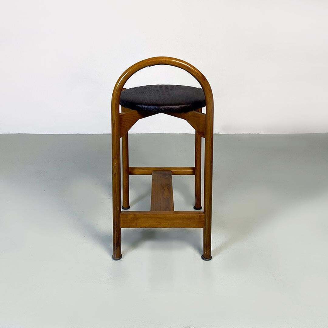 Furniture Italian Mid Century Modern Wooden Structure & Faux Leather Seat High Stool 1970s photo