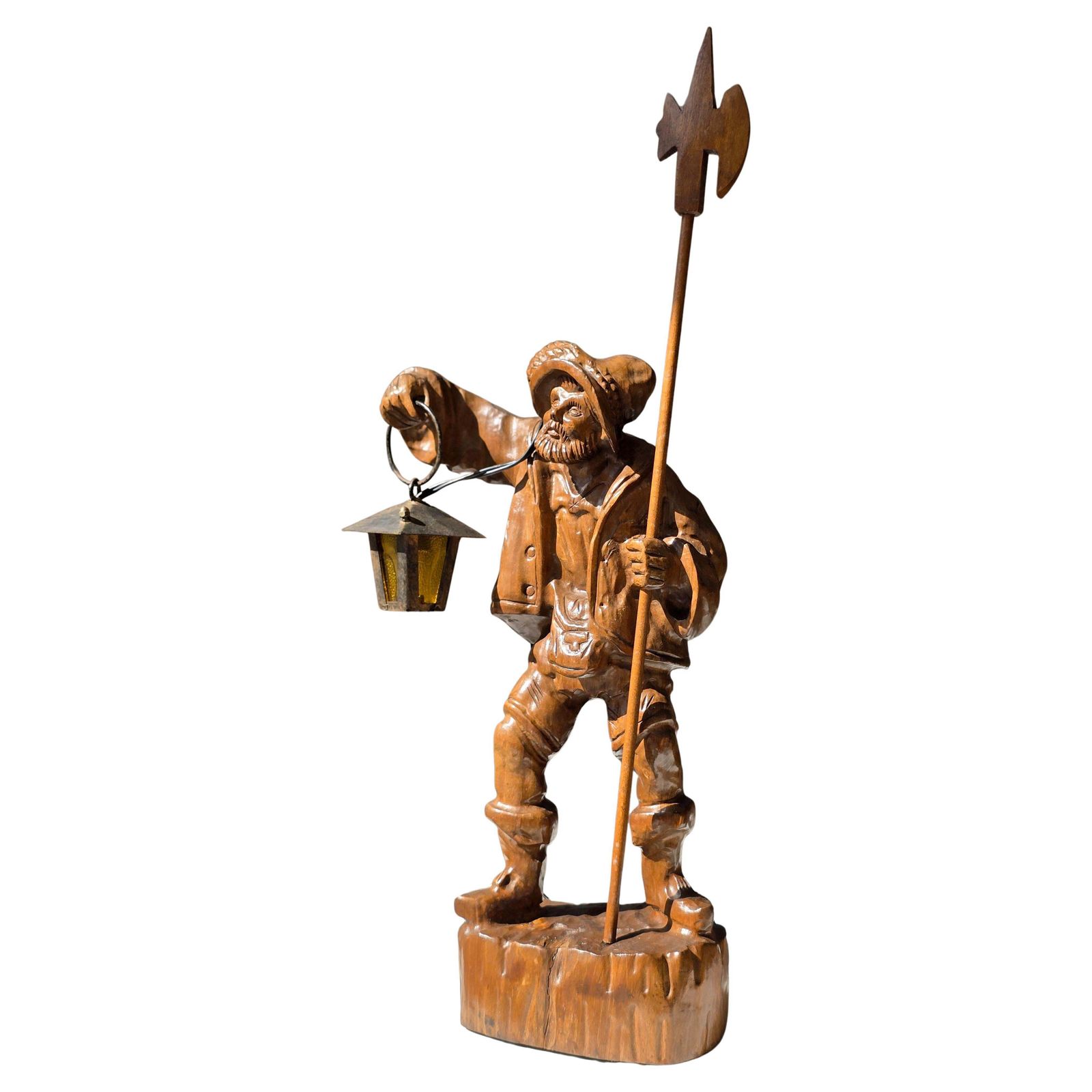 Black Forest Hand Carved Wooden Night Watchman Lamp, Circa 1950s