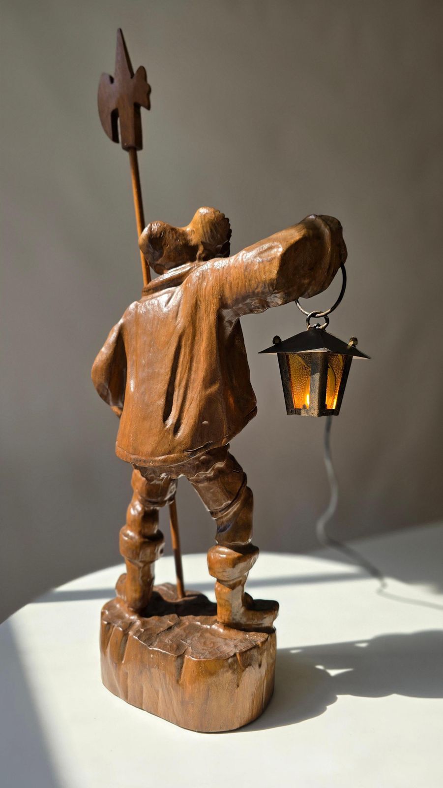 Black Forest Hand Carved Wooden Night Watchman Lamp, Circa 1950s photo Lighting