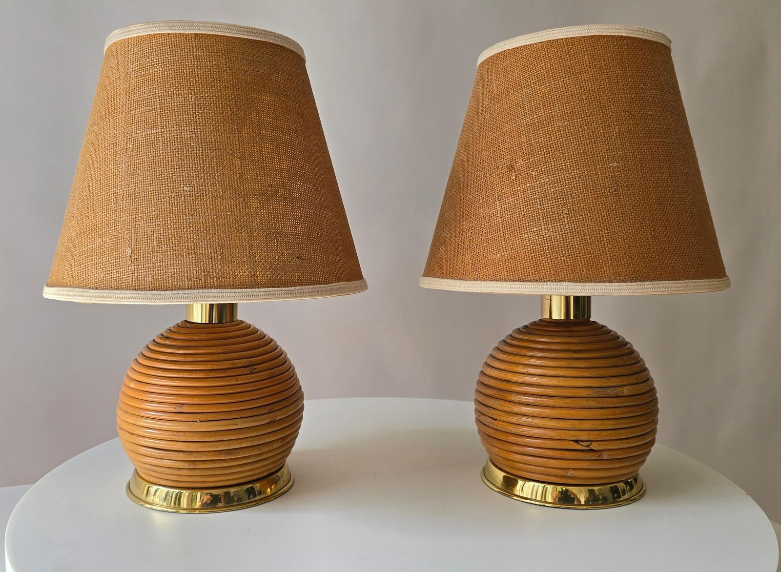 Pair Of 1970s Rattan & Brass Table Lamps – Organic Modern Boho Style photo Lighting