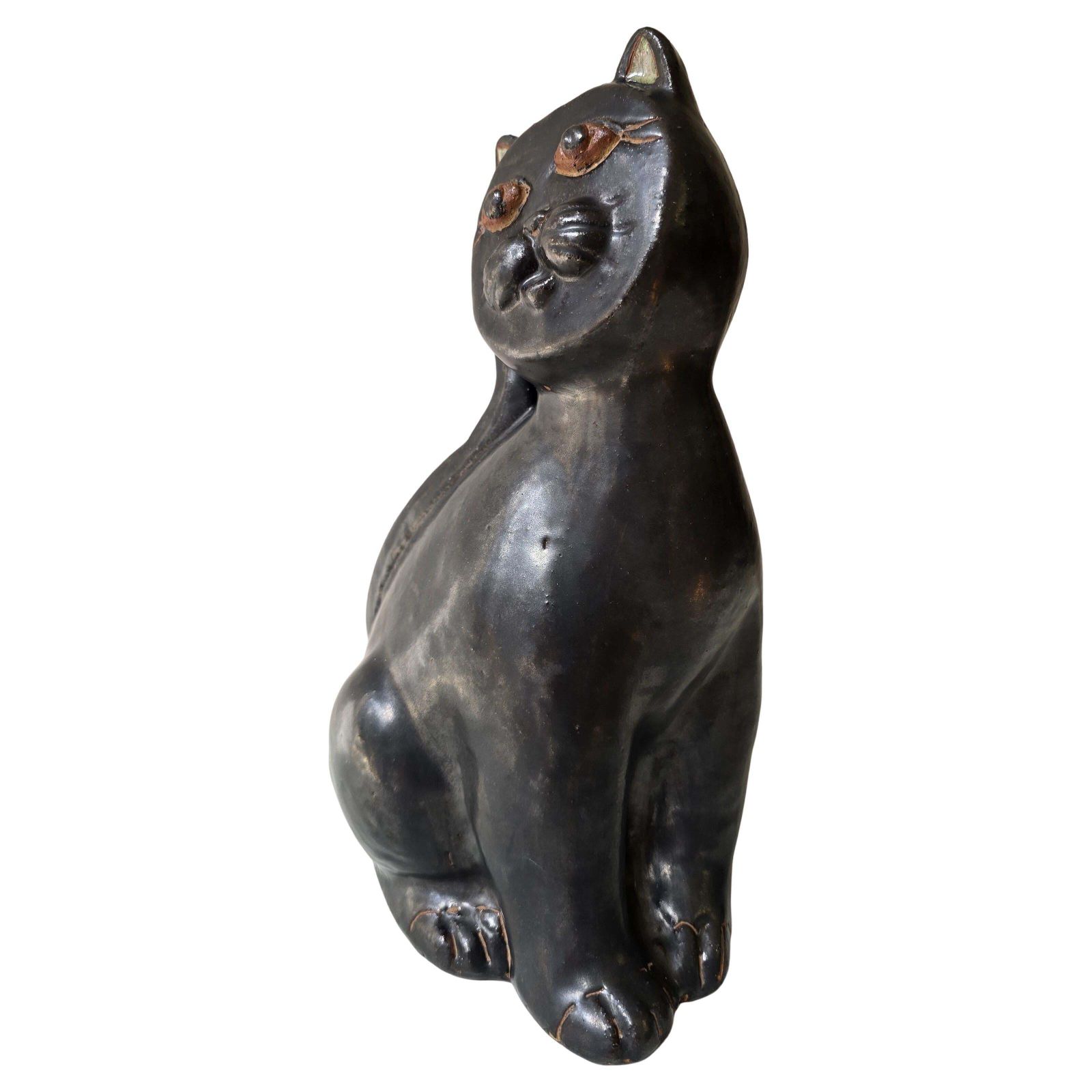Black Ceramic Cat Sculpture, Mid Century Modern, In The Style Of Vallauris photo Art