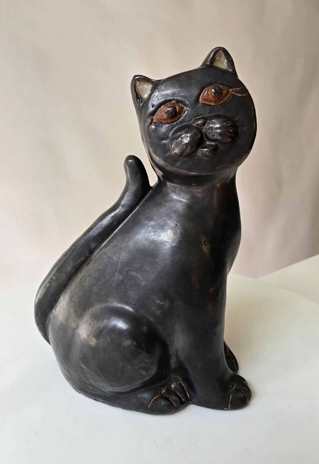 Black Ceramic Cat Sculpture, Mid Century Modern, In The Style Of Vallauris photo buy