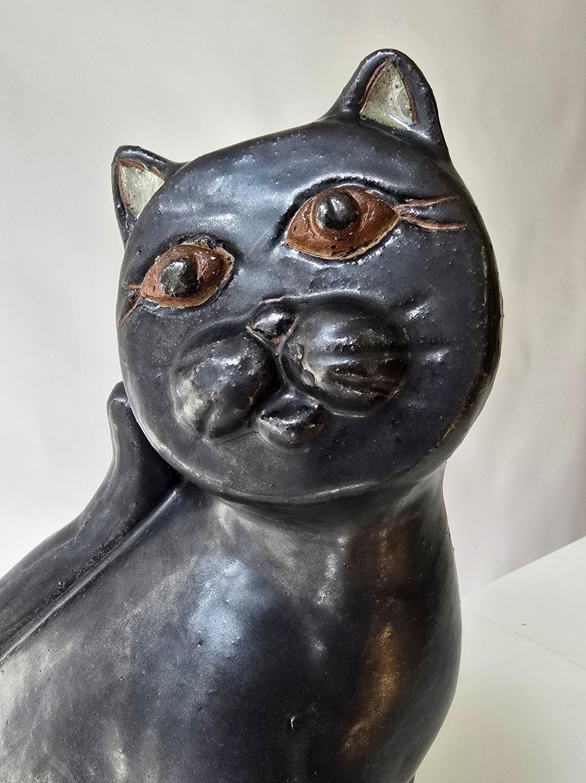 Black Ceramic Cat Sculpture, Mid Century Modern, In The Style Of Vallauris photo vintage