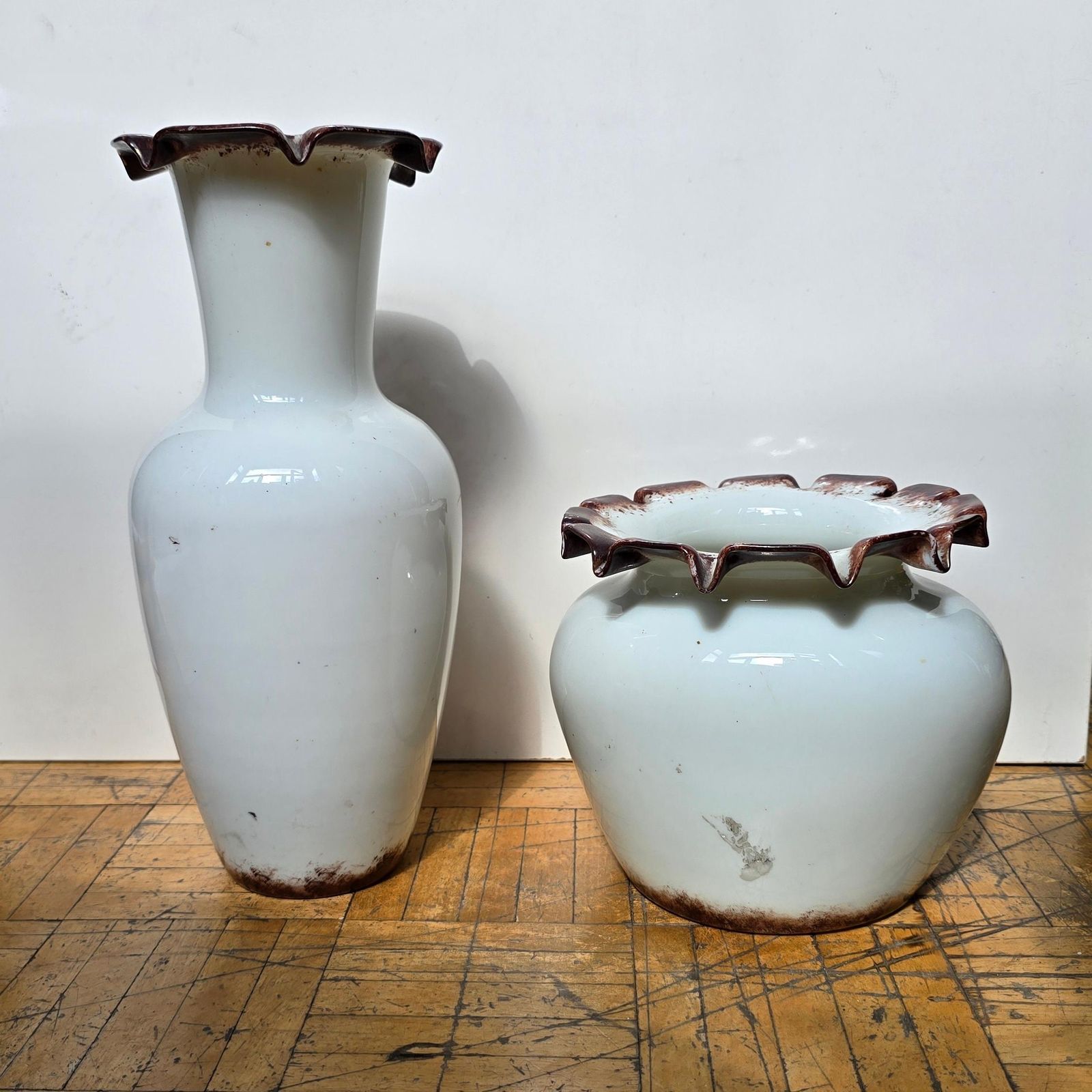 Pair Of French Art Nouveau Opaline Glass Vases With Enamel And Gilt Decoration photo for sale