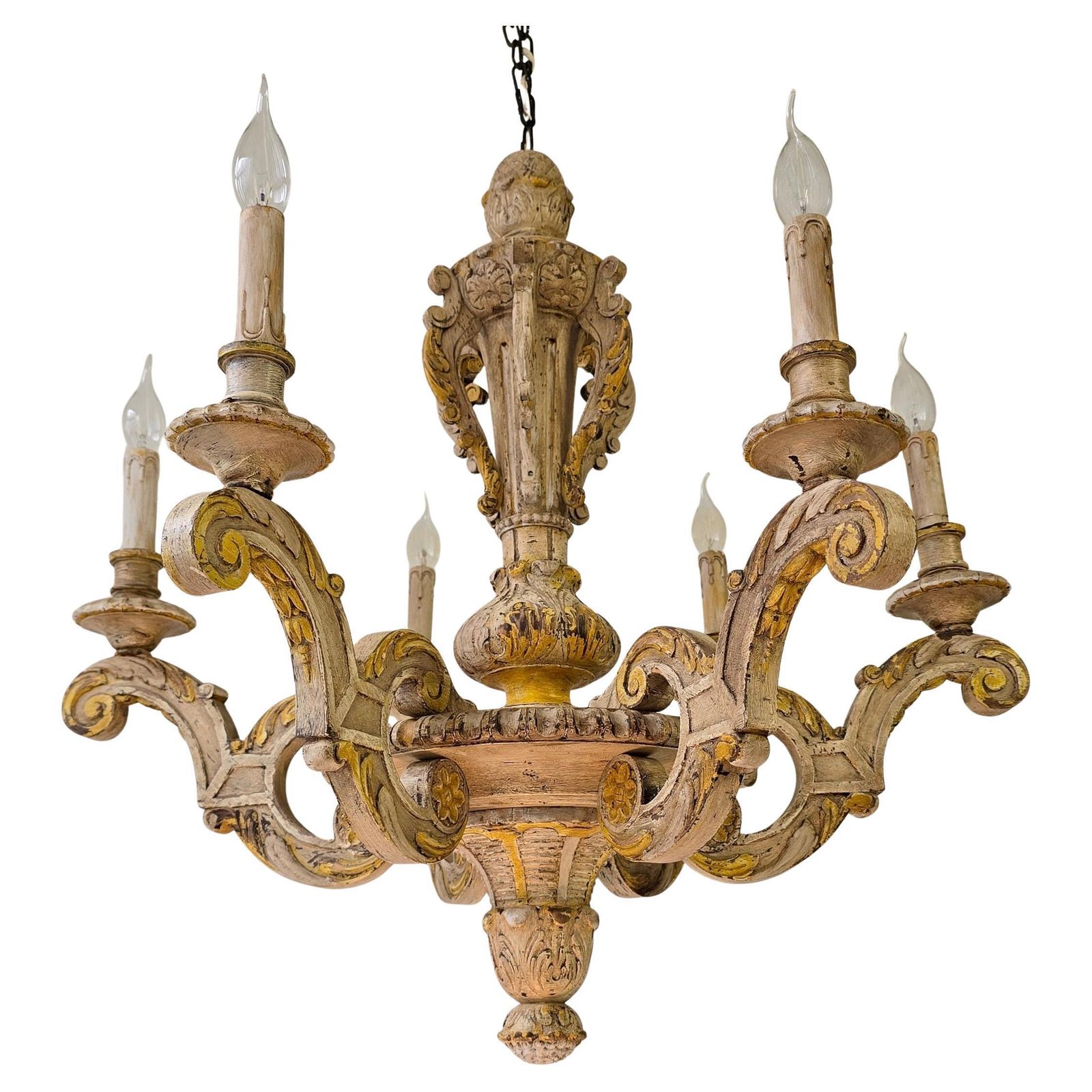 Large Antique Italian Baroque Chandelier In Carved Wood, Rustic Wabi Sabi Patin photo for sale